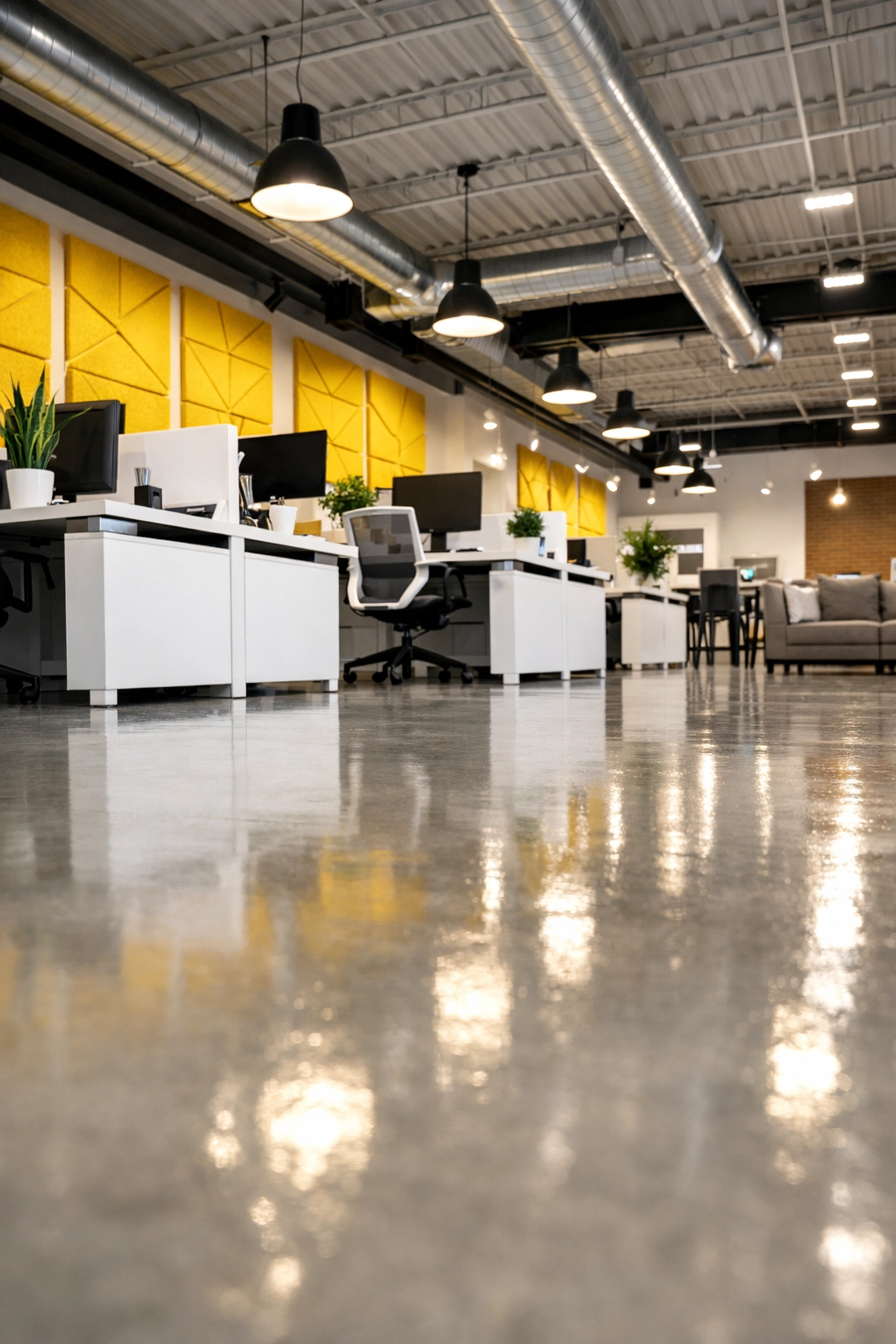 Spotless open-concept office in South Dennis with professionally mopped floors and tidy workstations.