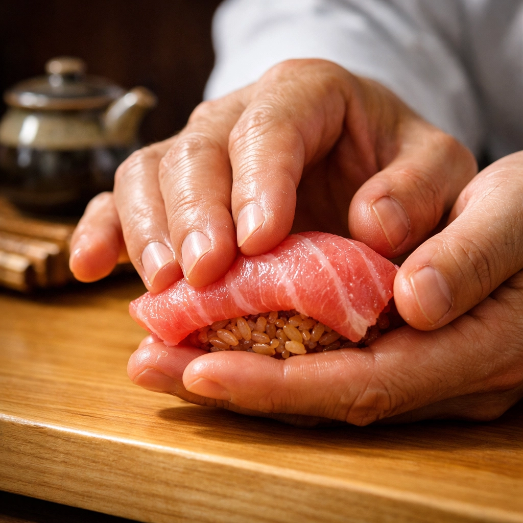 Master sushi chef preparing premium Bluefin tuna Edomae sushi at a high-end Ginza fish counter.