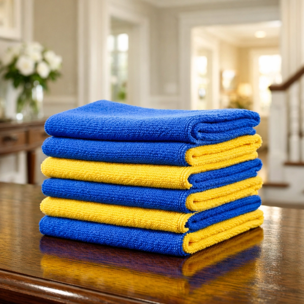 Stack of blue and yellow color-coded microfiber cloths used for professional house cleaning services in Acton.