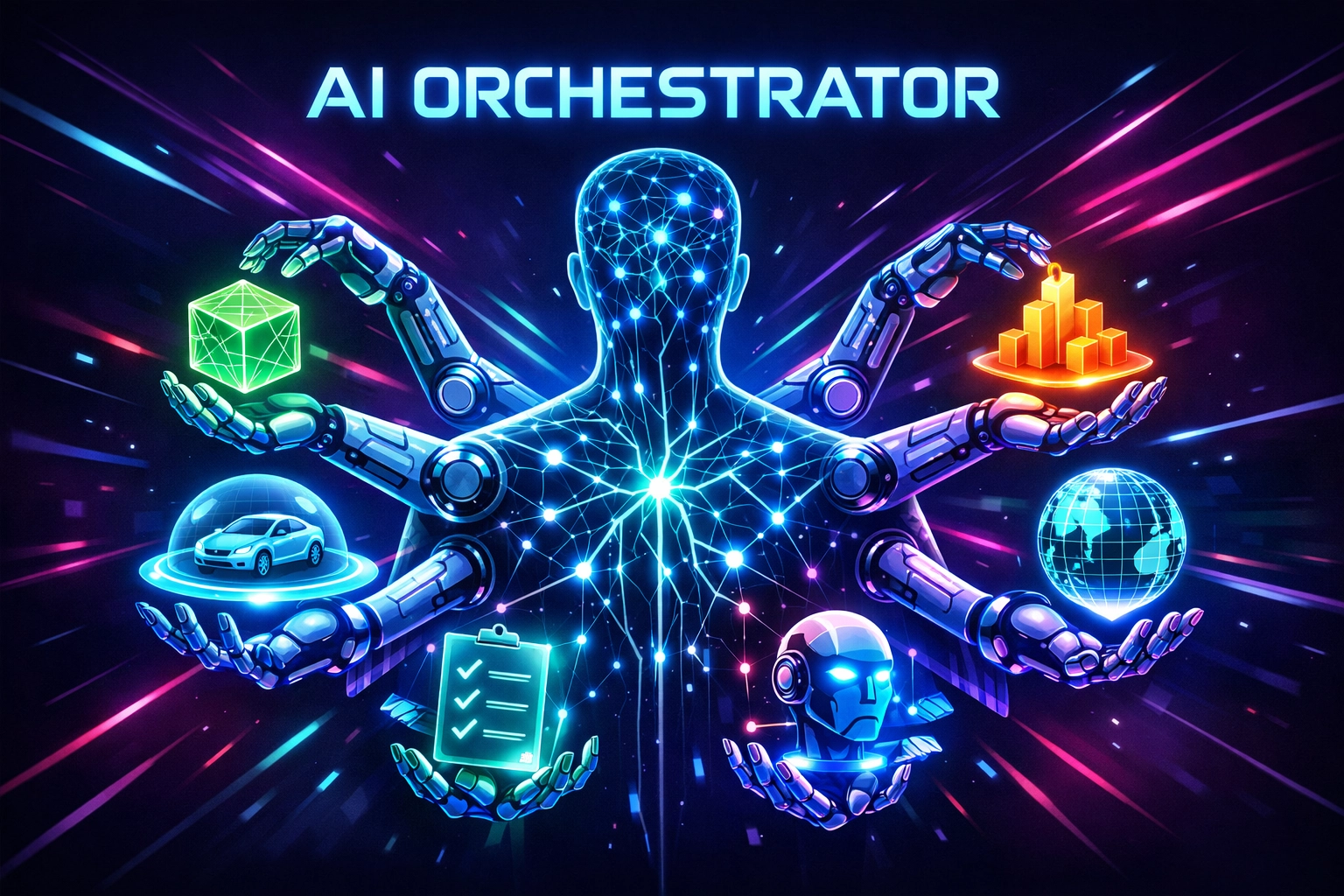 Human-led AI powered workflow showing professional orchestration of custom AI solutions and autonomous agents.