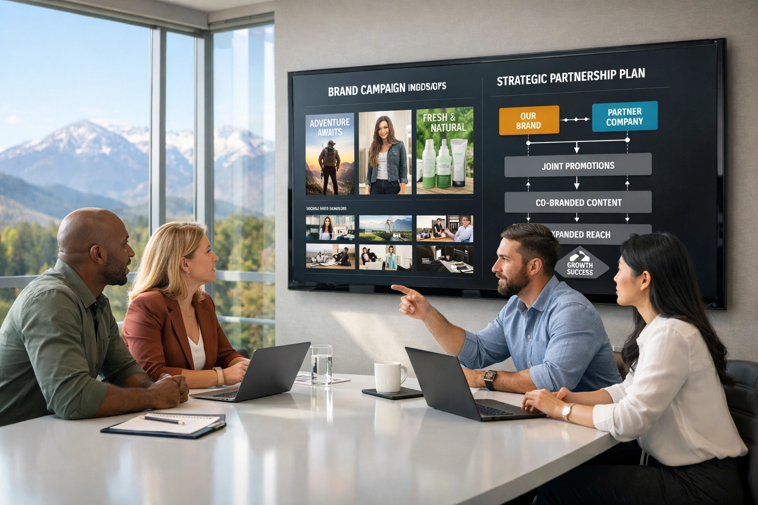 Marketing strategists reviewing a brand partnership strategy flowchart during a Dakdan Worldwide consulting session.