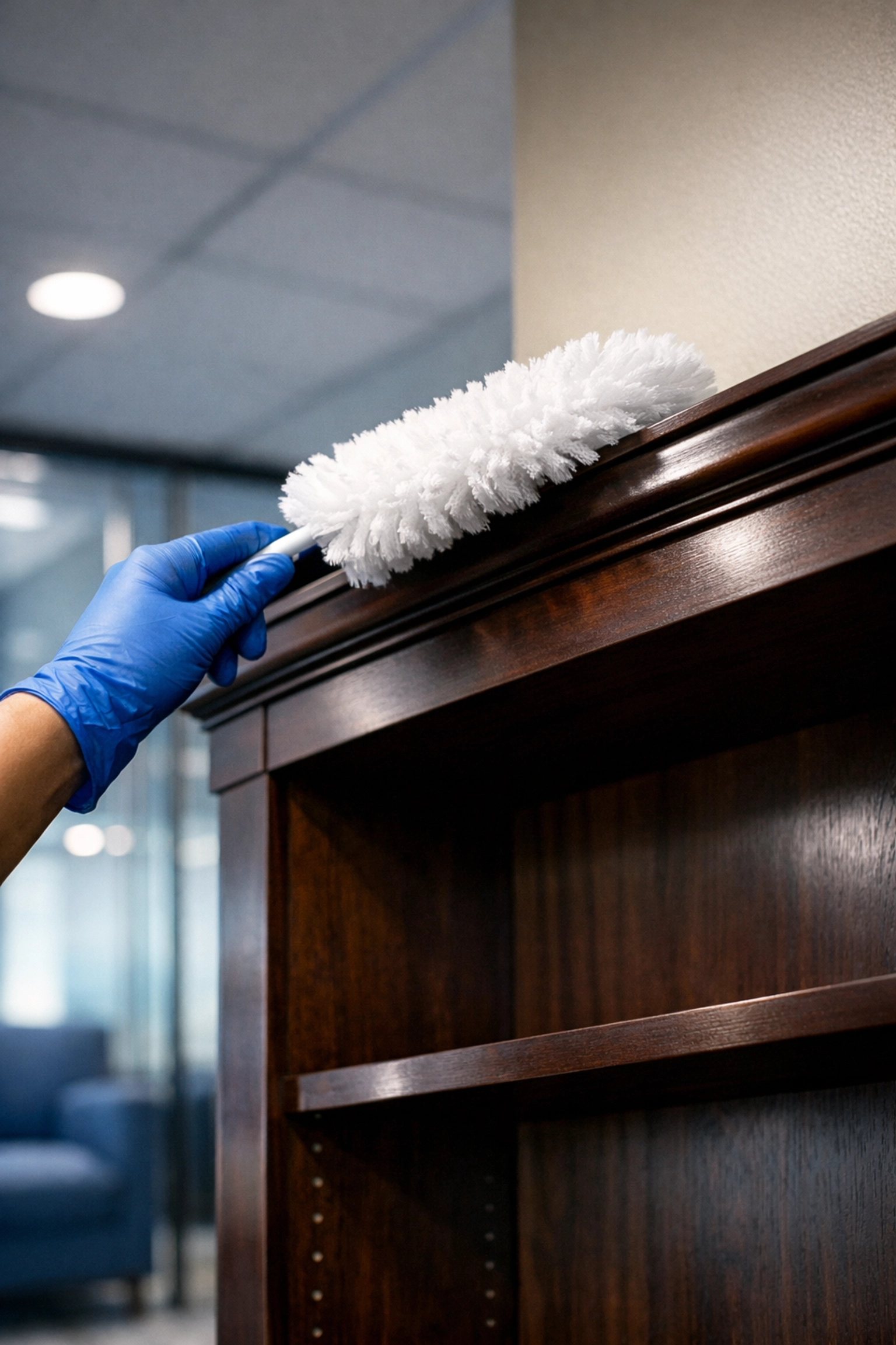 Dusting top surfaces during a post-construction cleaning MA in a sophisticated Boston commercial office.