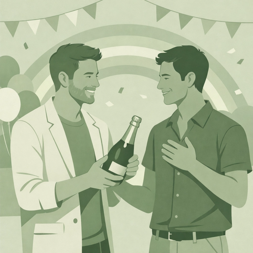 Gay couple celebrating Pride with champagne gift in romantic outdoor celebration