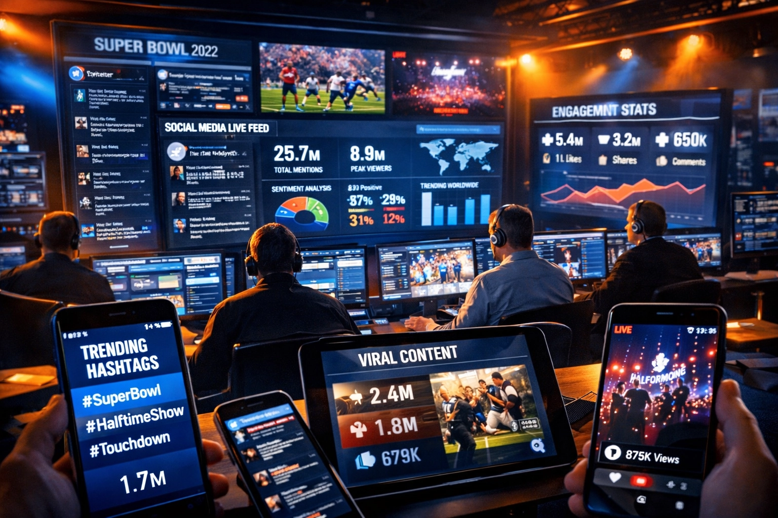 Digital command center tracking Super Bowl social media analytics and brand engagement metrics in real-time