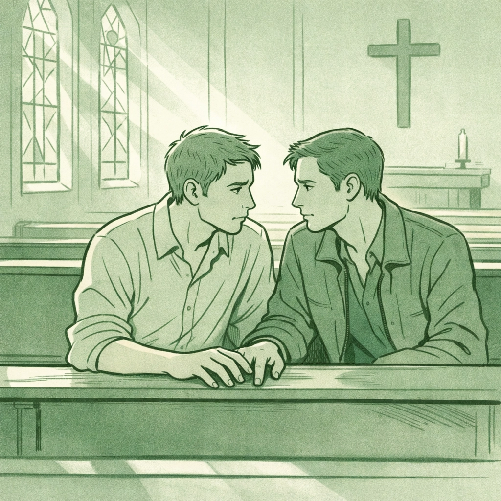 Two men in church pews reaching toward each other - gay romance overcoming religious faith struggles