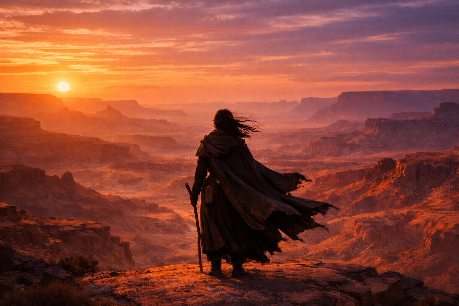 Pilgrim standing at Painted Desert canyon edge at sunset seeking voices on the wind