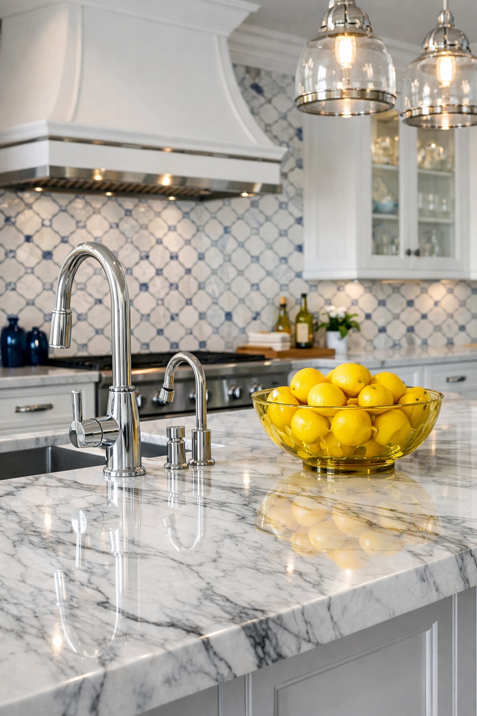 Pristine kitchen marble island and fixtures following an eco-friendly deep cleaning in Marblehead.