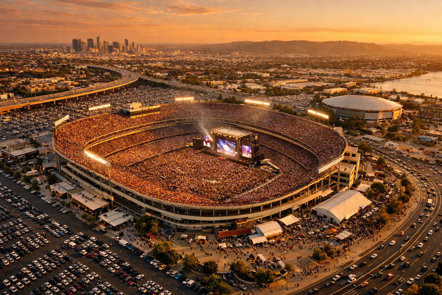 Aerial view of major sports venue showing geographic reach and network infrastructure