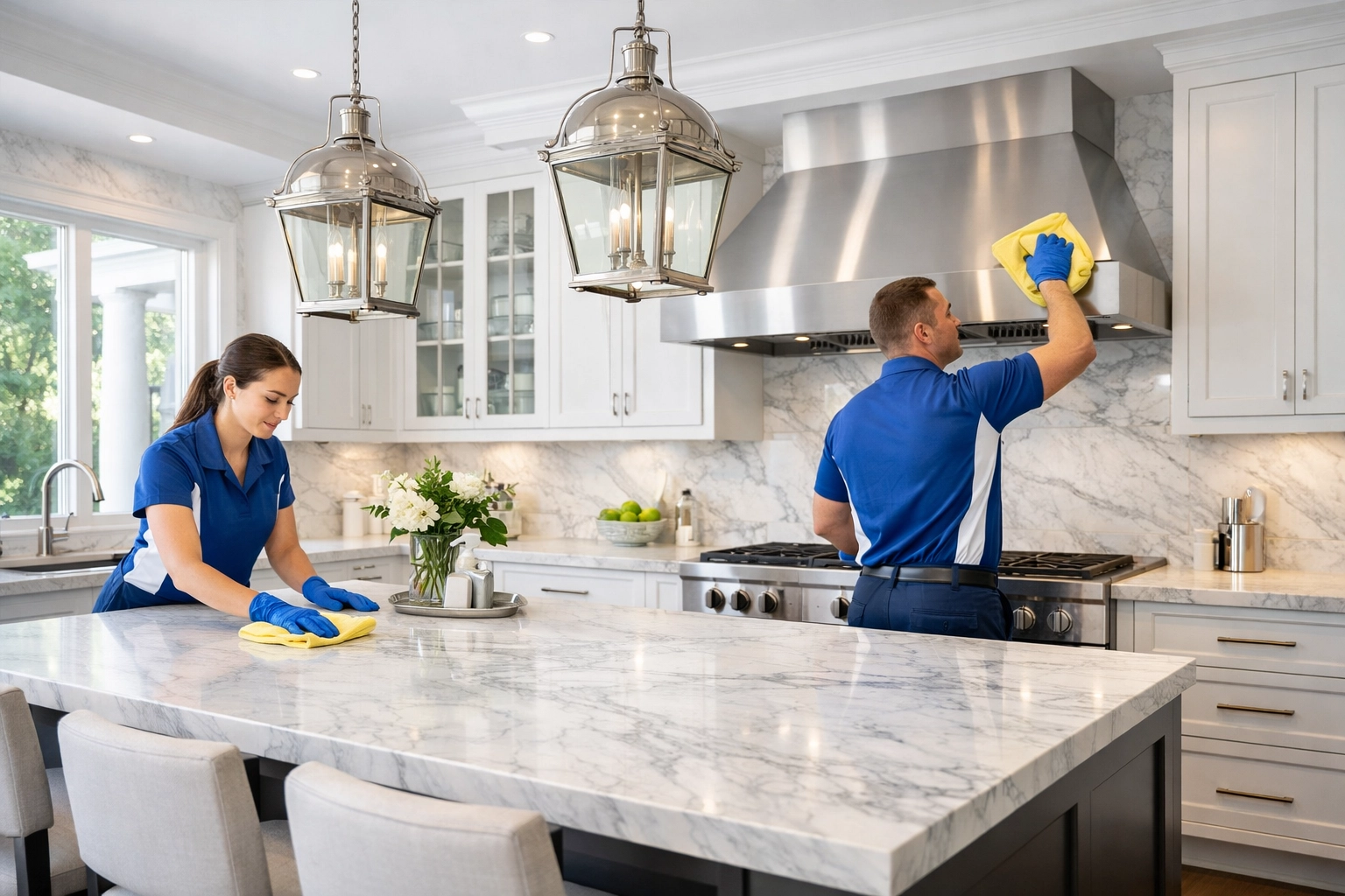 Professional cleaners performing deep cleaning services in a high-end Wellesley kitchen with marble counters.