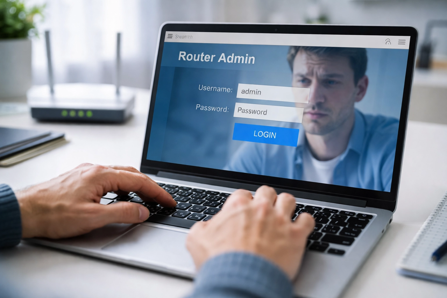 Person logging into router admin panel on laptop in bright home office, highlighting outdated Wi-Fi security concerns