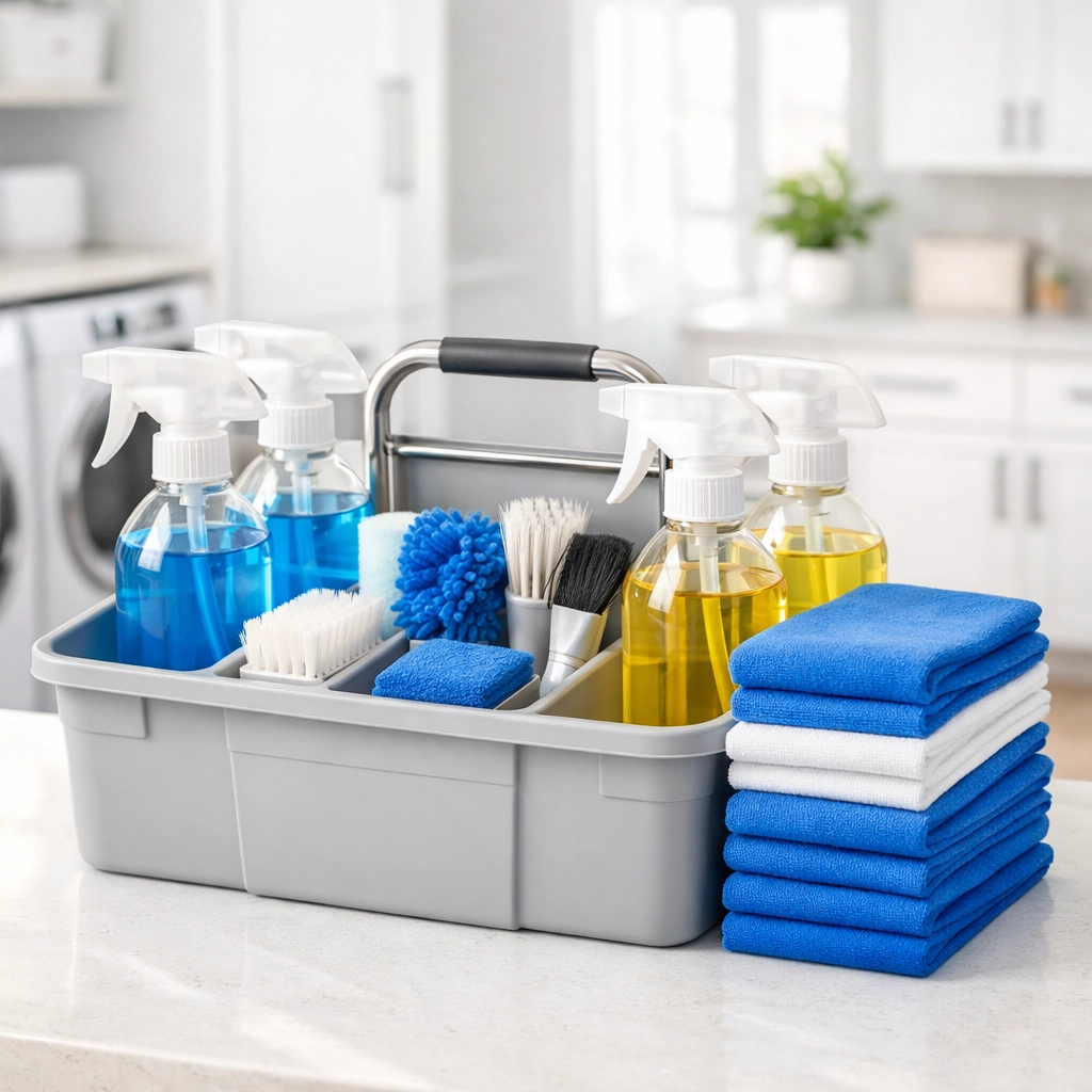 Organized professional cleaning supplies used by the best maid service Cambridge for residential deep cleaning.