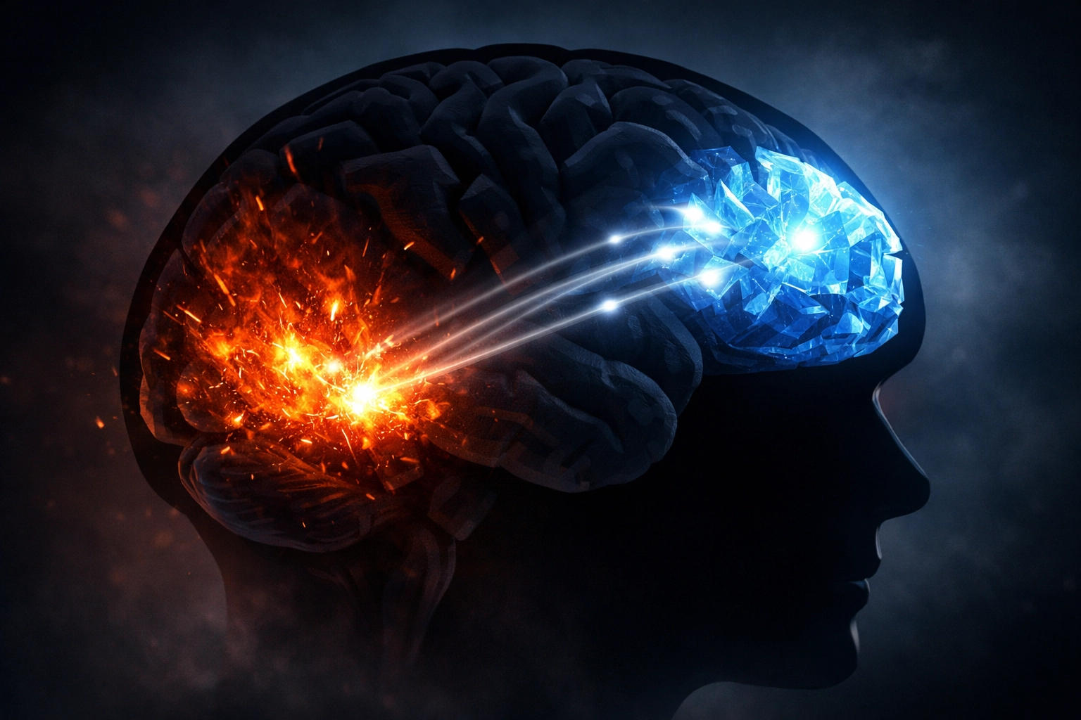 Visual representation of the neural shift in the brain from anxiety to rational thought during journaling.