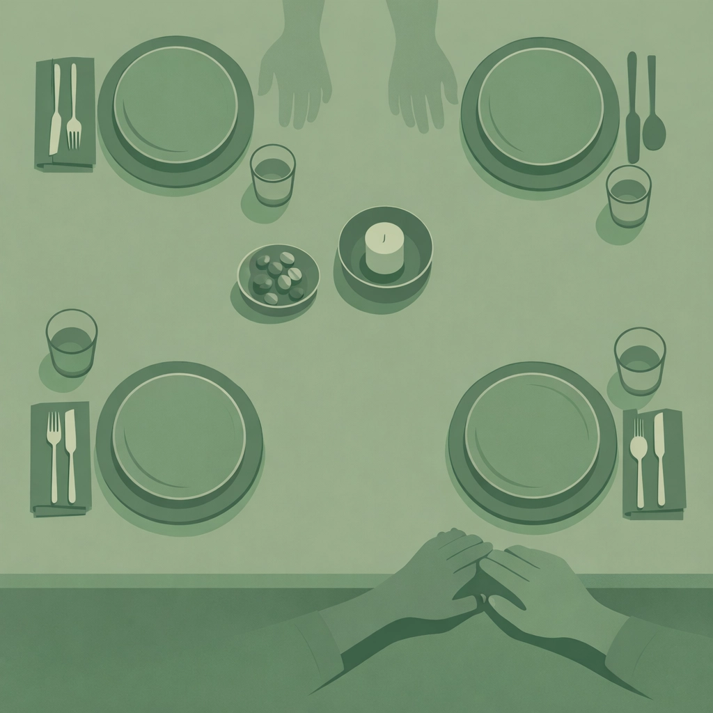 Dinner table with blended gay family showing secret connection between step-brothers