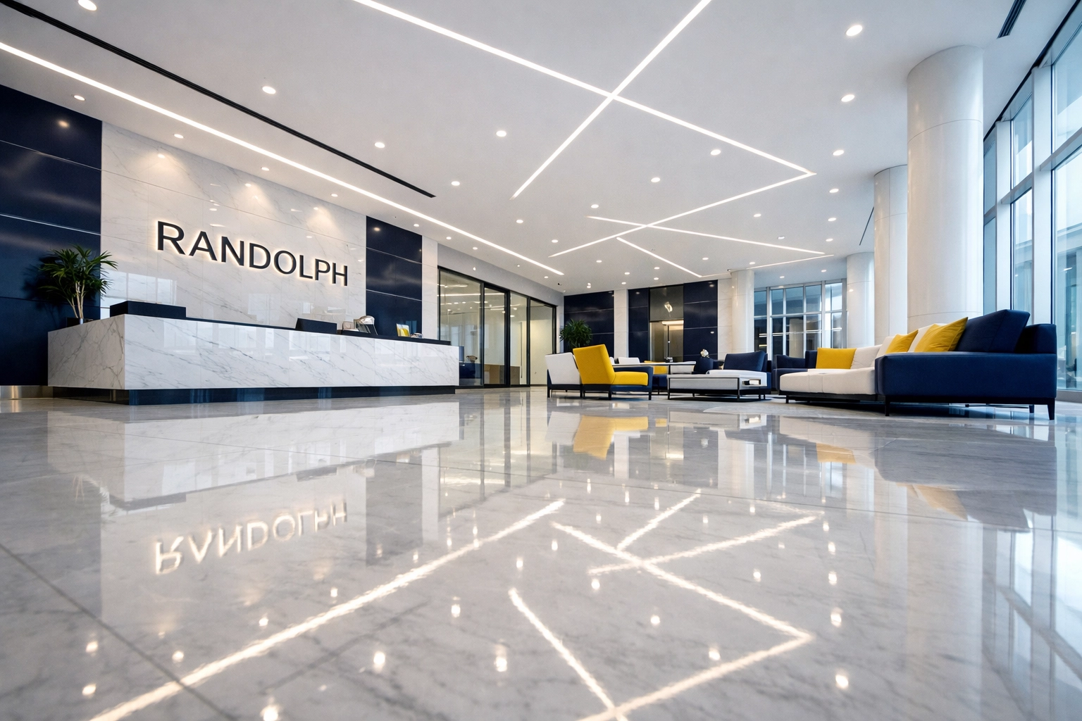 Pristine corporate lobby in Randolph with polished marble floors after professional commercial cleaning.