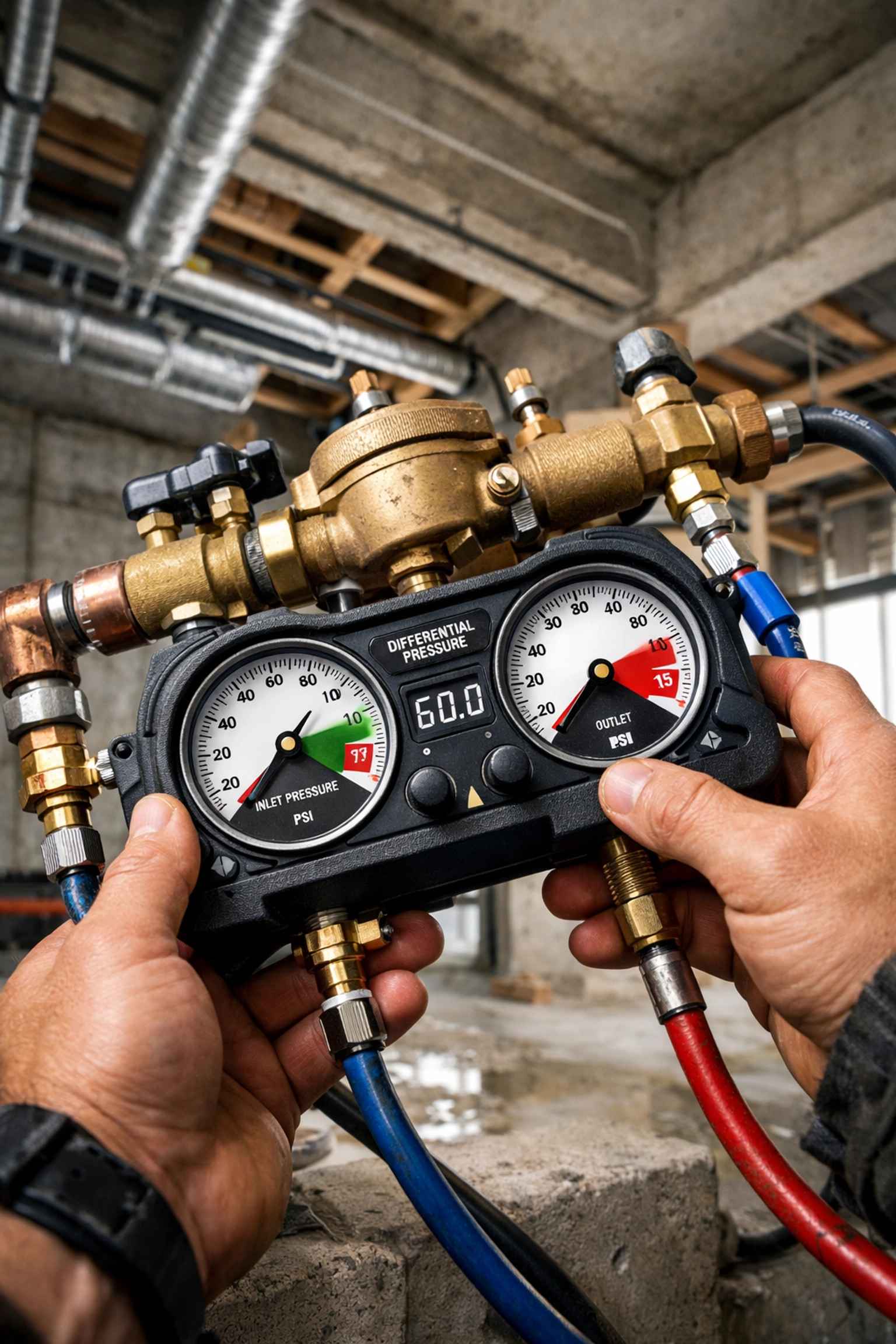 A plumber using a precision pressure gauge to perform a professional backflow prevention system test.