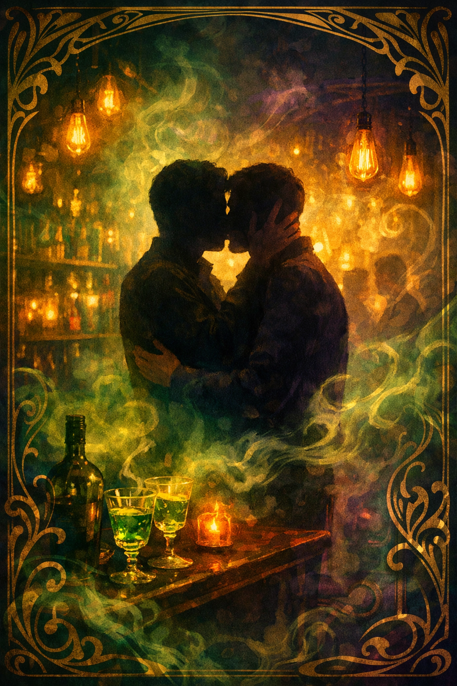 Gay romance embrace in atmospheric speakeasy setting - spicy MM fiction illustration