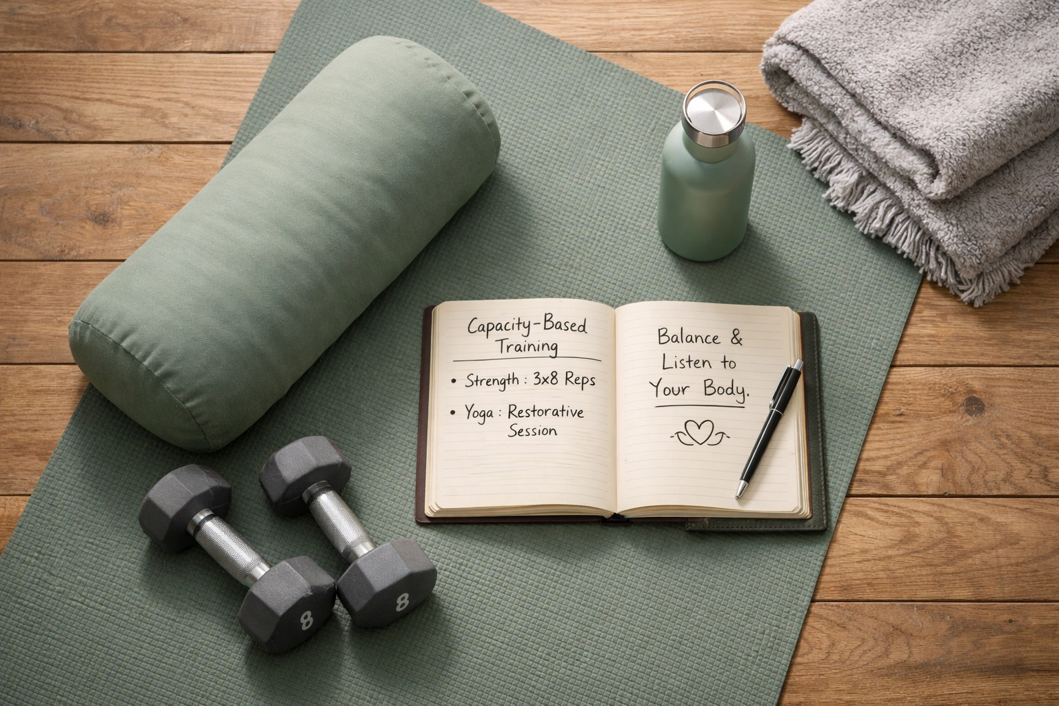 Capacity-based training setup with yoga props and dumbbells for perimenopause fitness