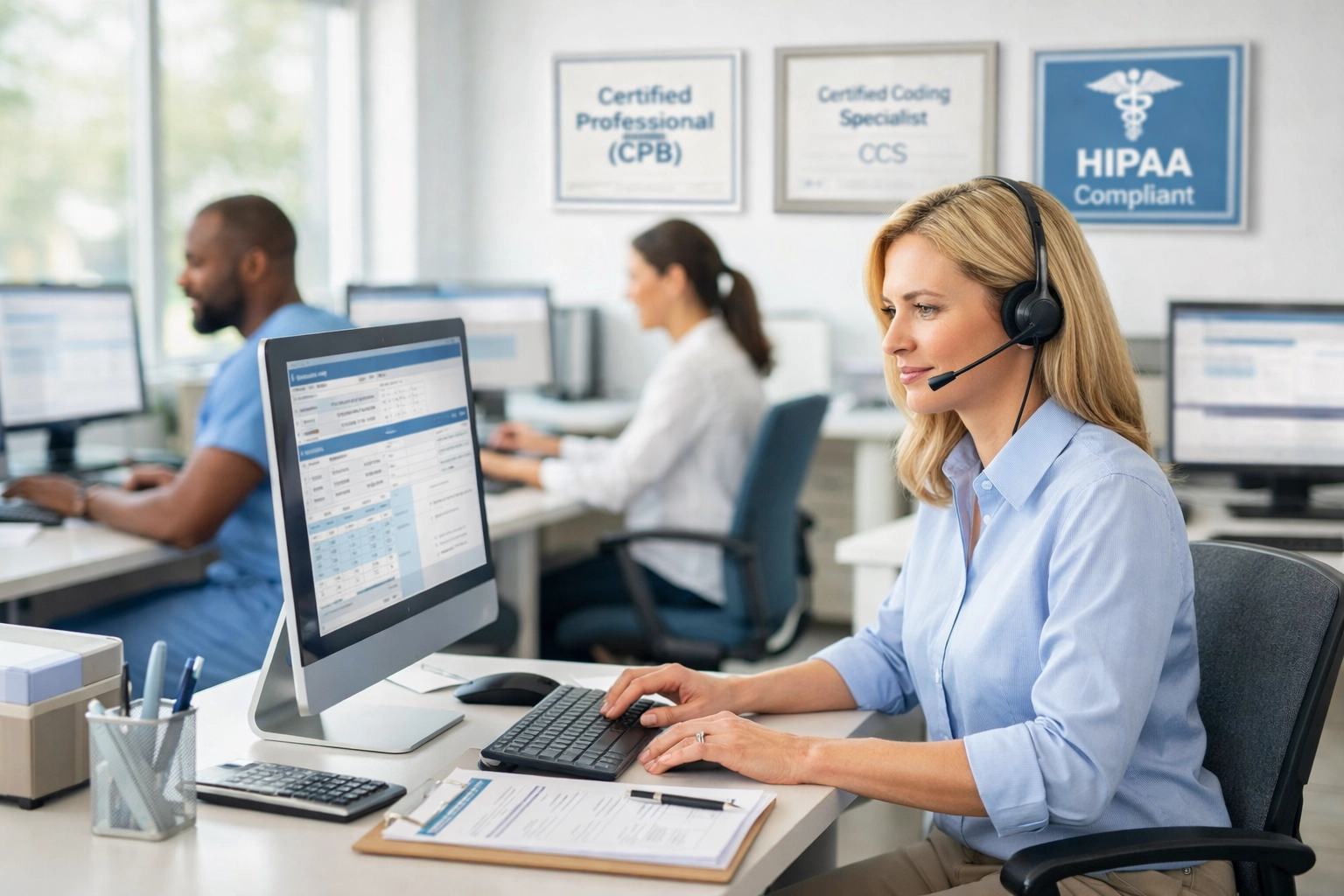Certified medical billing specialists working at modern workstations in bright office environment