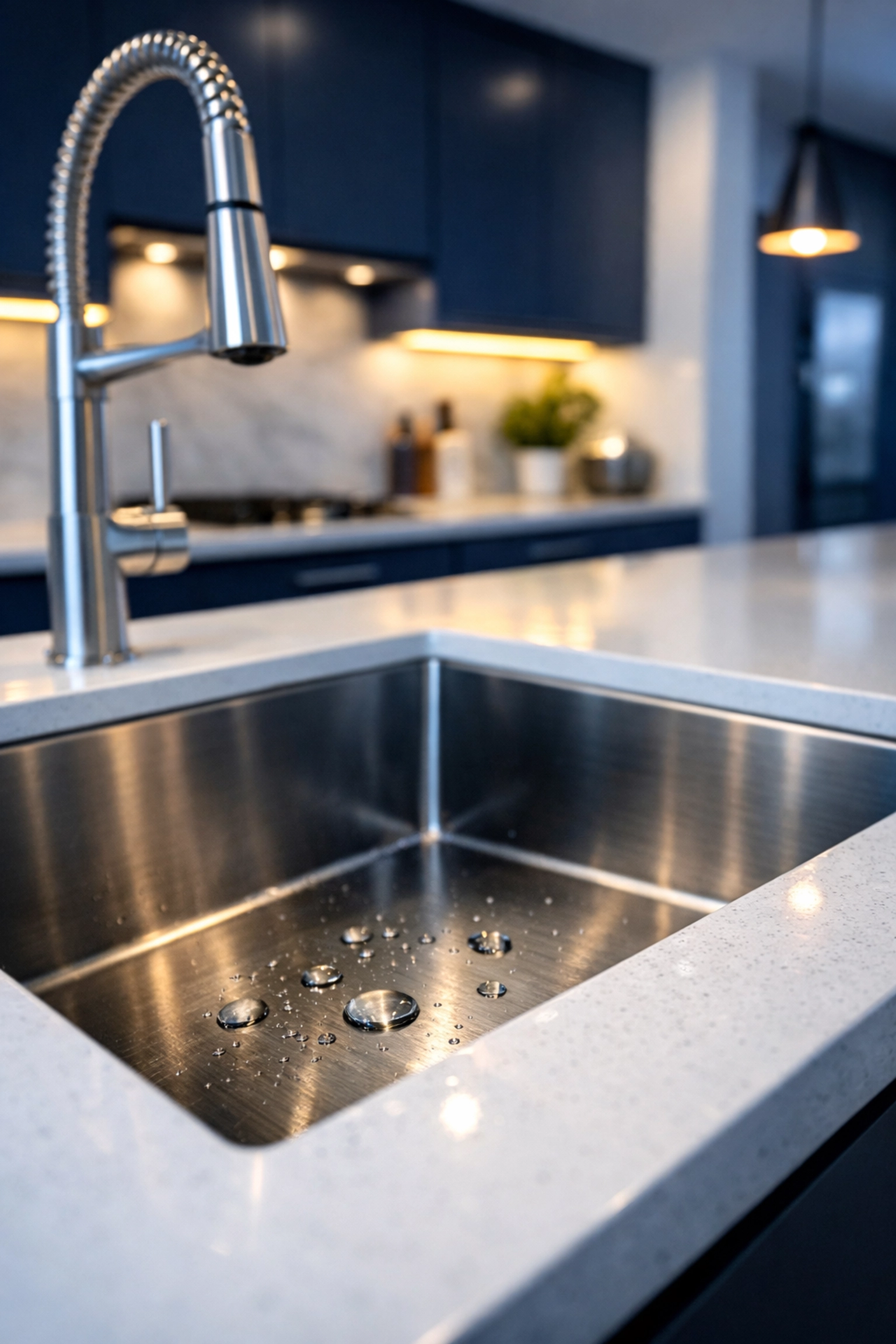 Modern stainless steel kitchen sink on a white quartz countertop sanitized for food safety.
