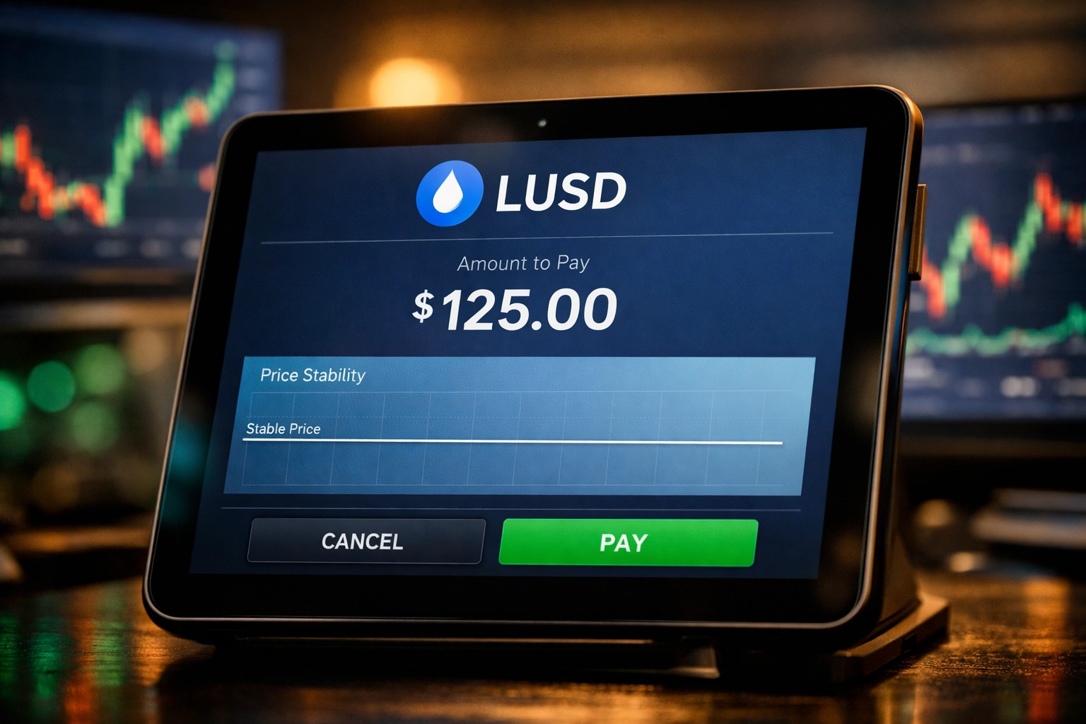 LUSD stablecoin payment interface displaying price stability on crypto POS terminal