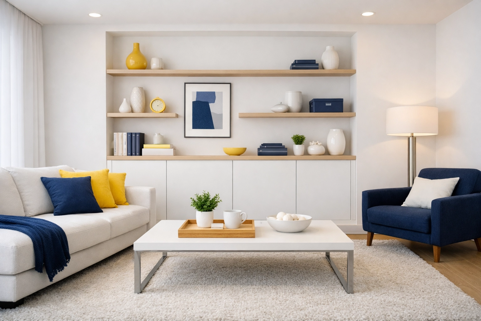 A clean, organized minimalist living room highlighting professional small space cleaning in Groton.
