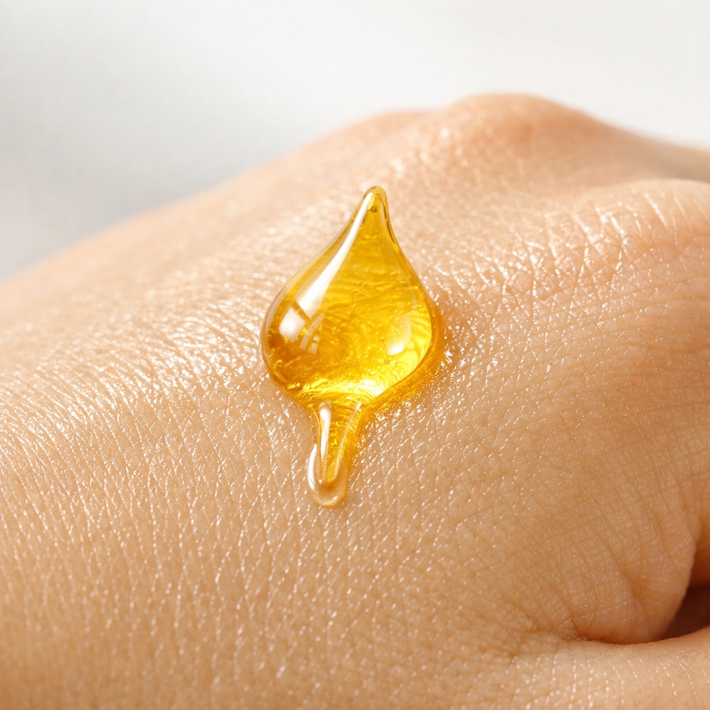 Translucent drop of oil showing the benefits of sesame oil for skin hydration.