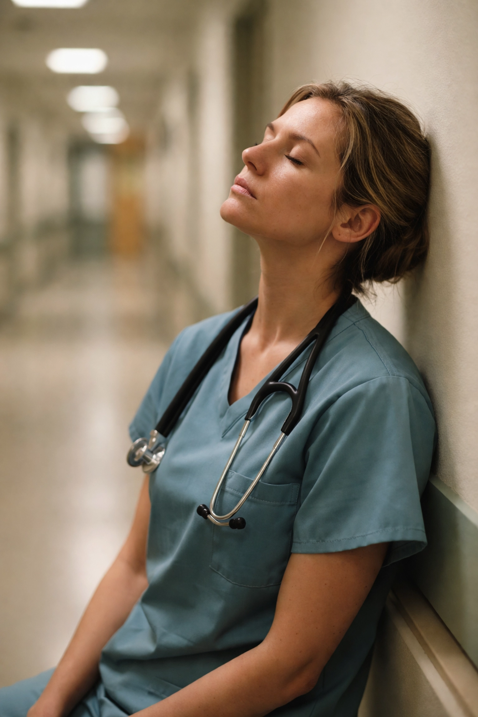 Exhausted nurse in hospital hallway showing burnout and its impact on patient safety in healthcare environments.