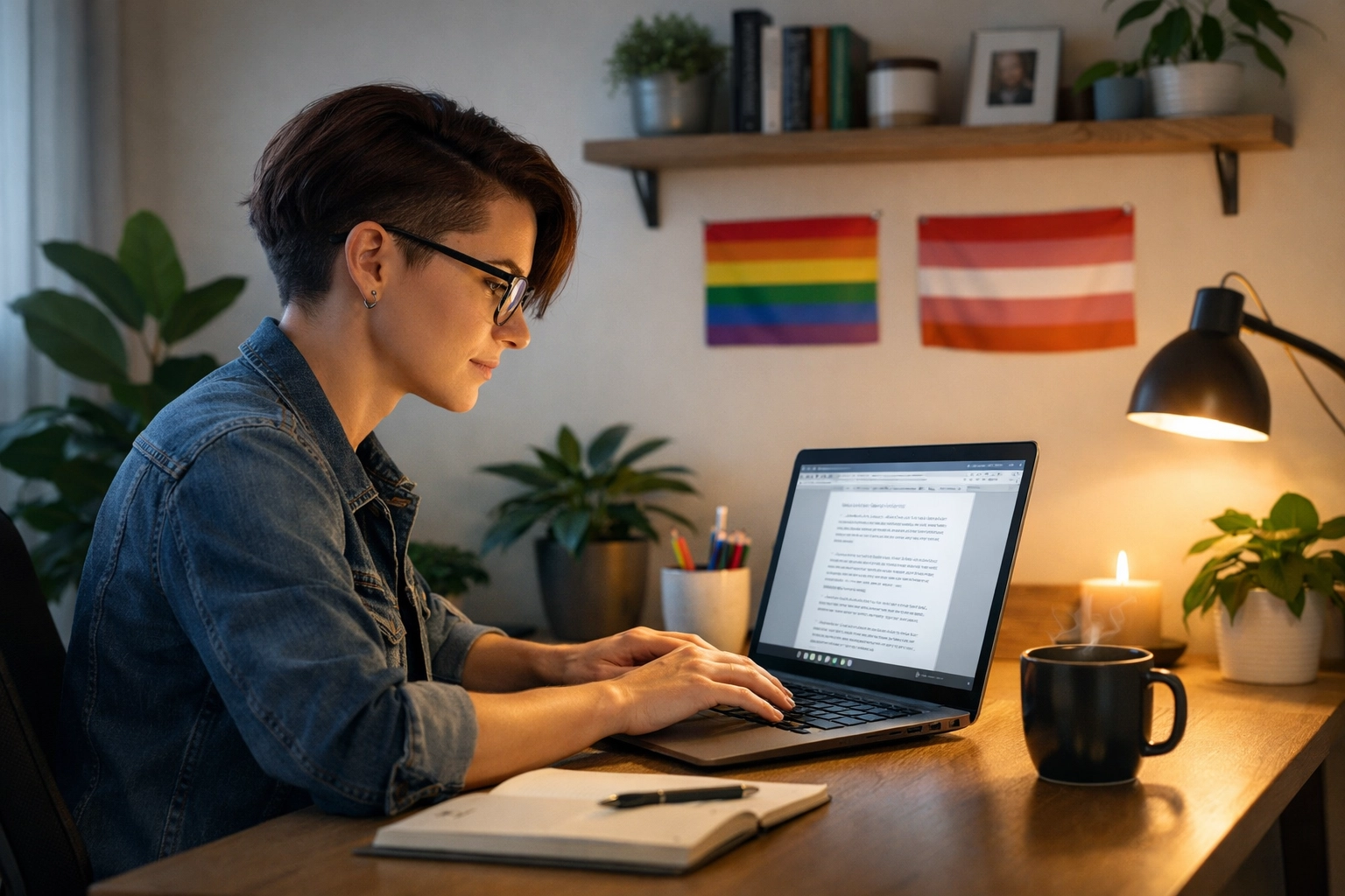 Lesbian author editing her debut queer fiction manuscript at a desk with pride flags.