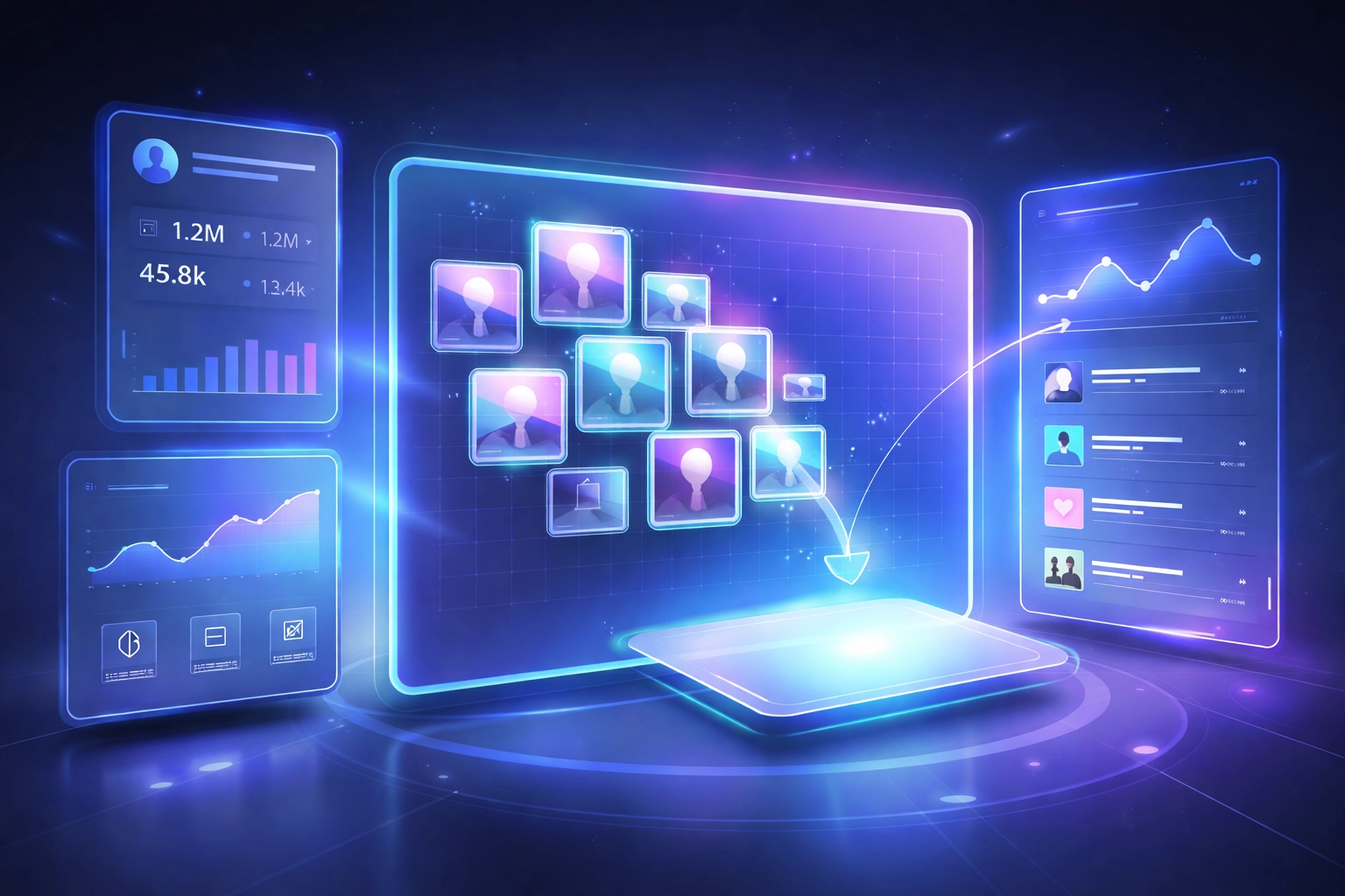 A futuristic dashboard with floating analytics panels shows how to analyze and organize top-performing social media posts.