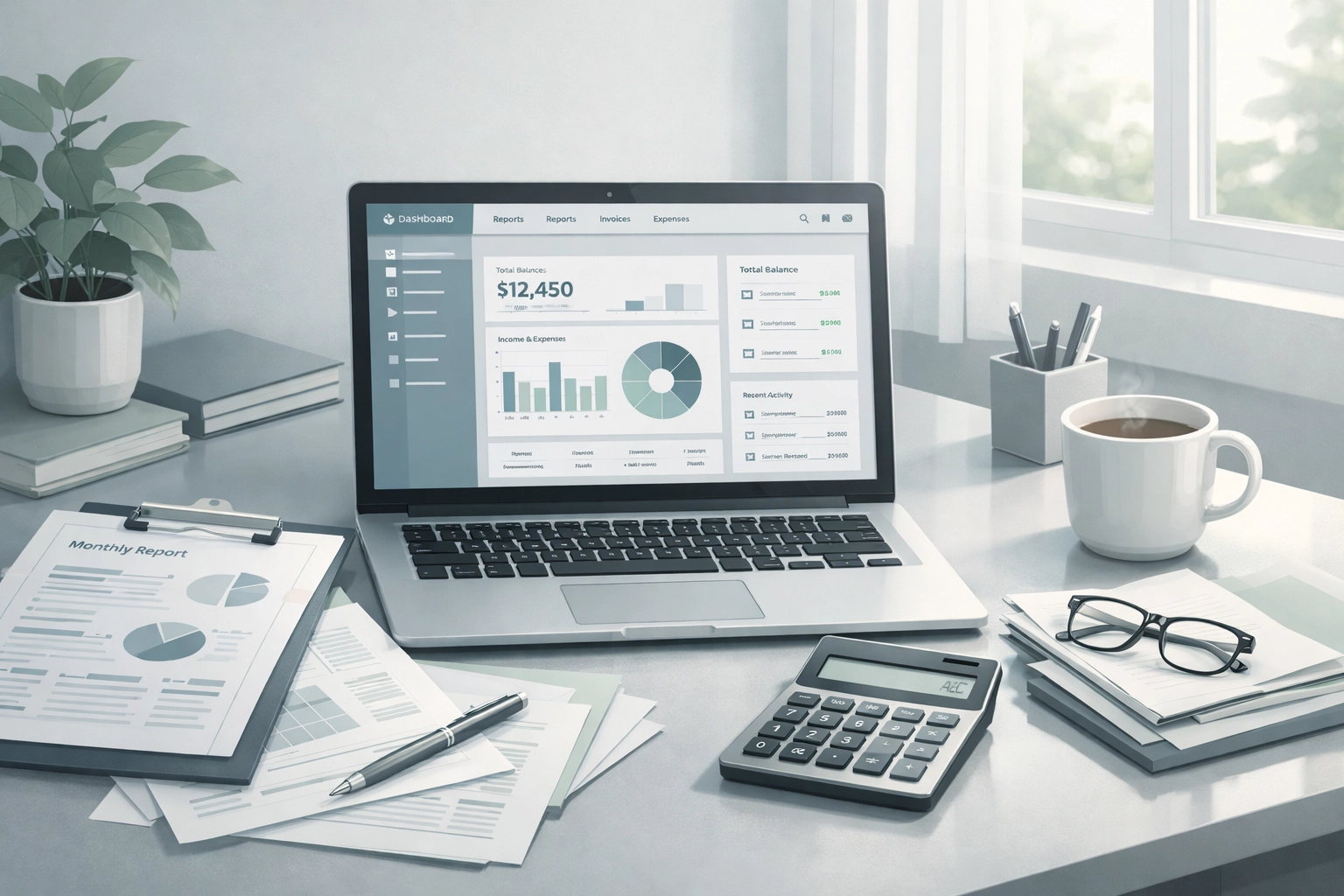 Espacio de trabajo con software de contabilidad y documentos organizados para empresas