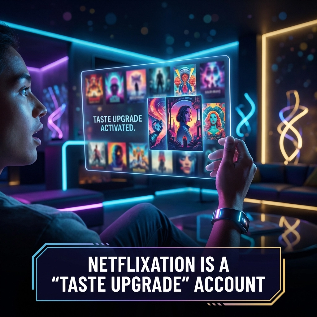 Person relaxing in a modern living room, browsing curated streaming content on a TV screen with neon visuals highlighting smart entertainment choices.