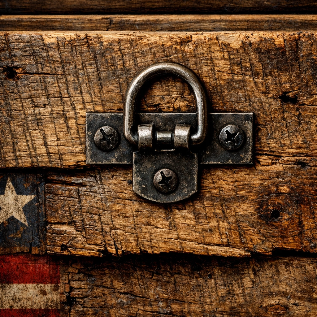 D-ring mounting hardware on the back of a wooden american flag for secure wall decor display.