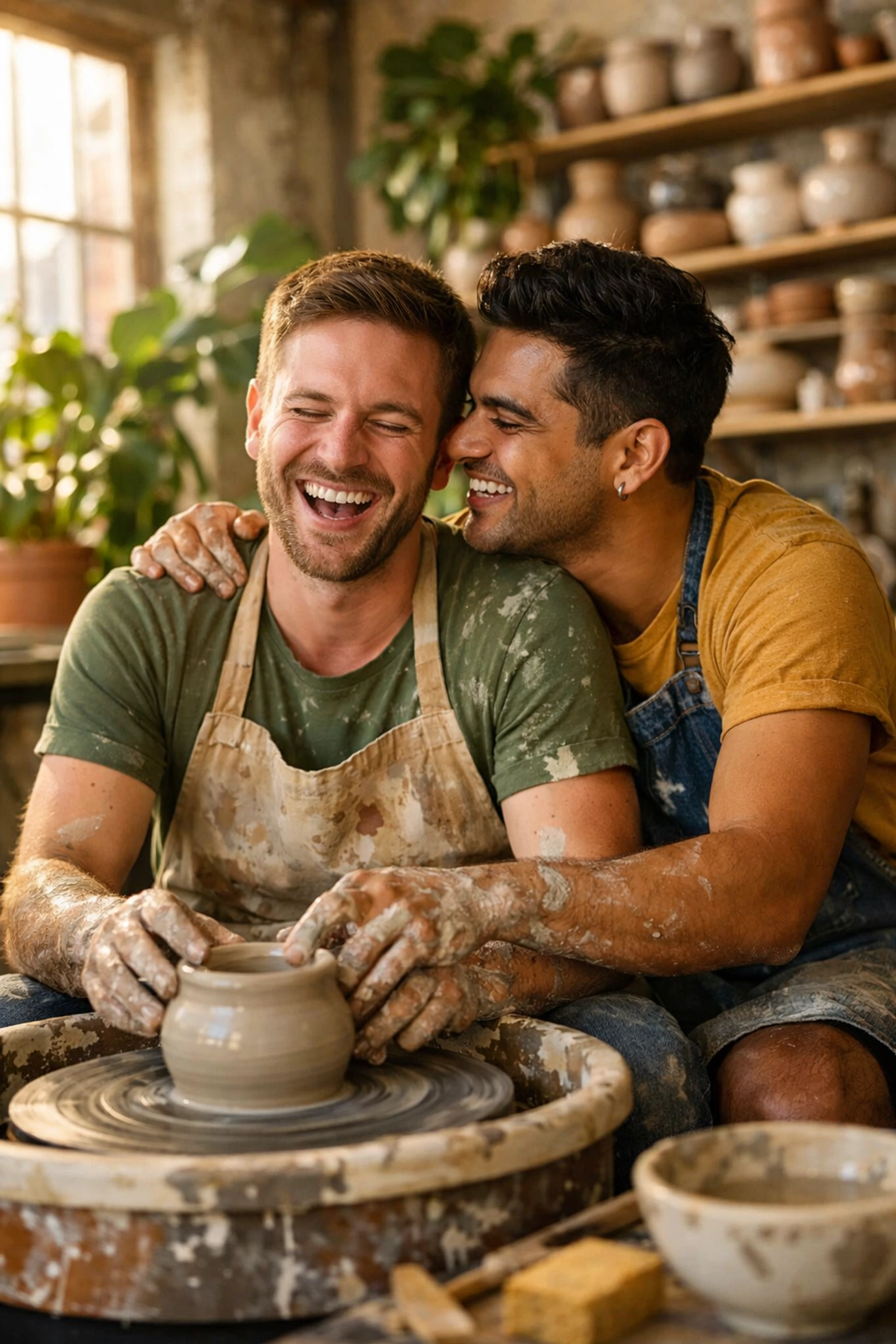 Two gay men bonding during a pottery class, illustrating queer hobbies and community connection.