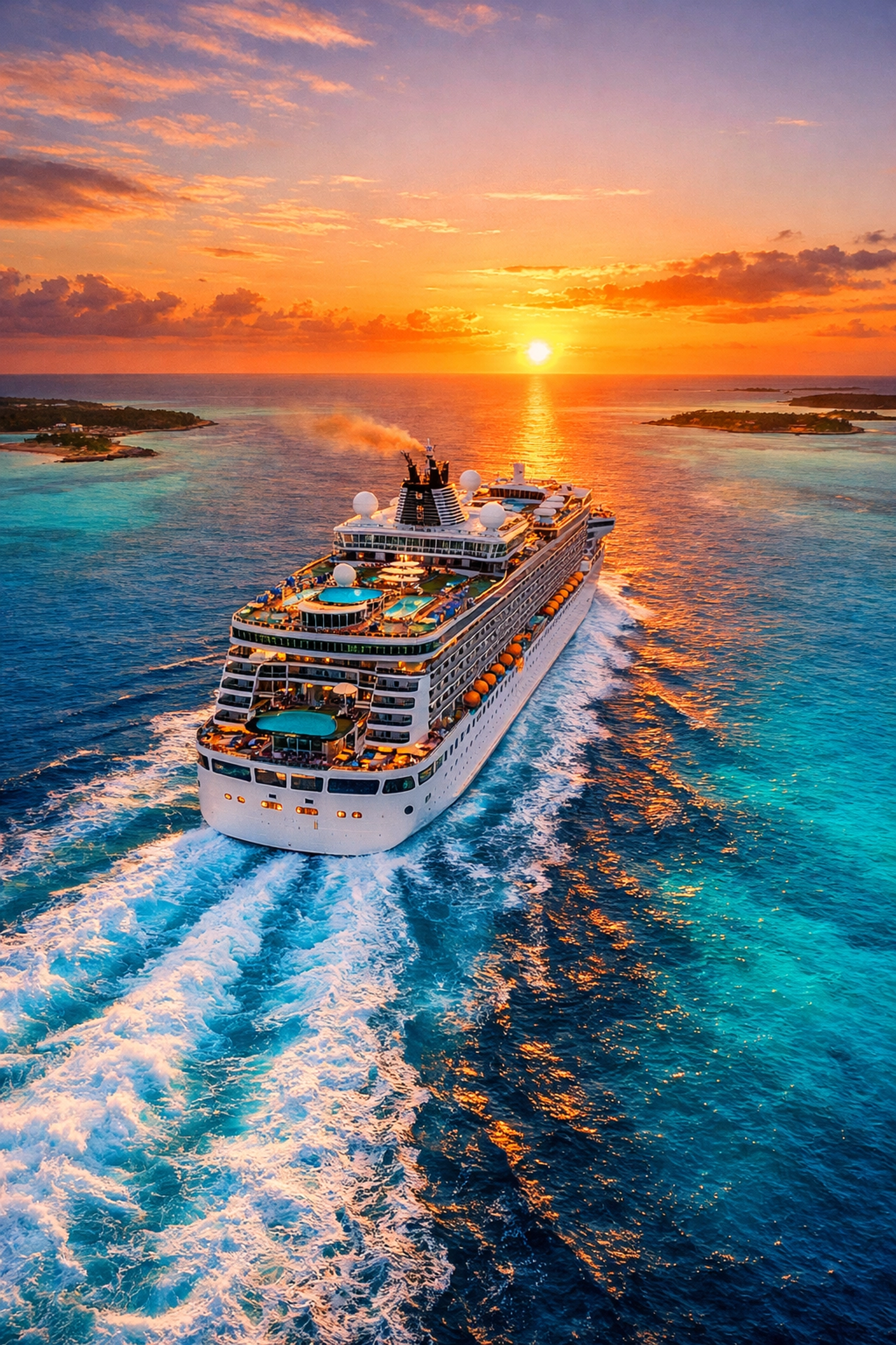 Aerial view of a large luxury cruise ship sailing through turquoise Bahamas waters at sunset.