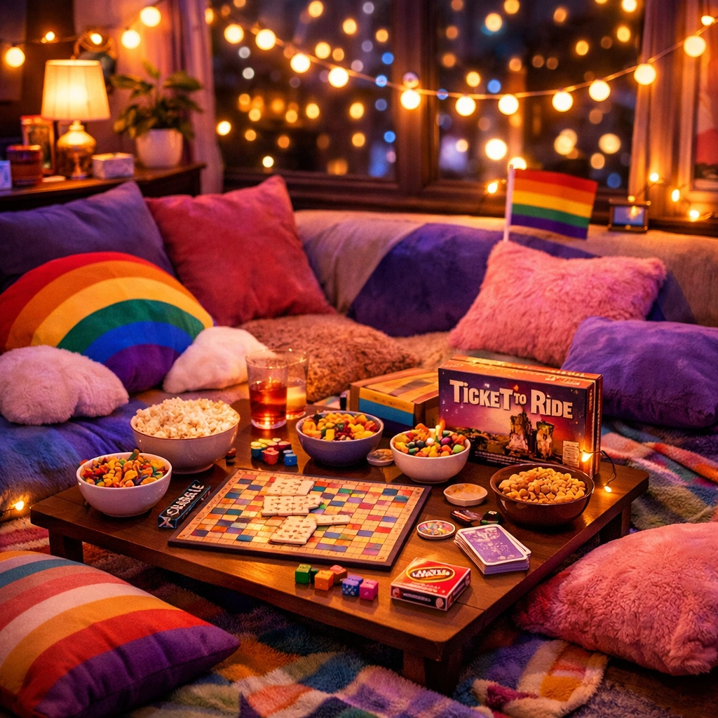 Cozy indoor games night setup with string lights and board games for LGBTQ+ gathering