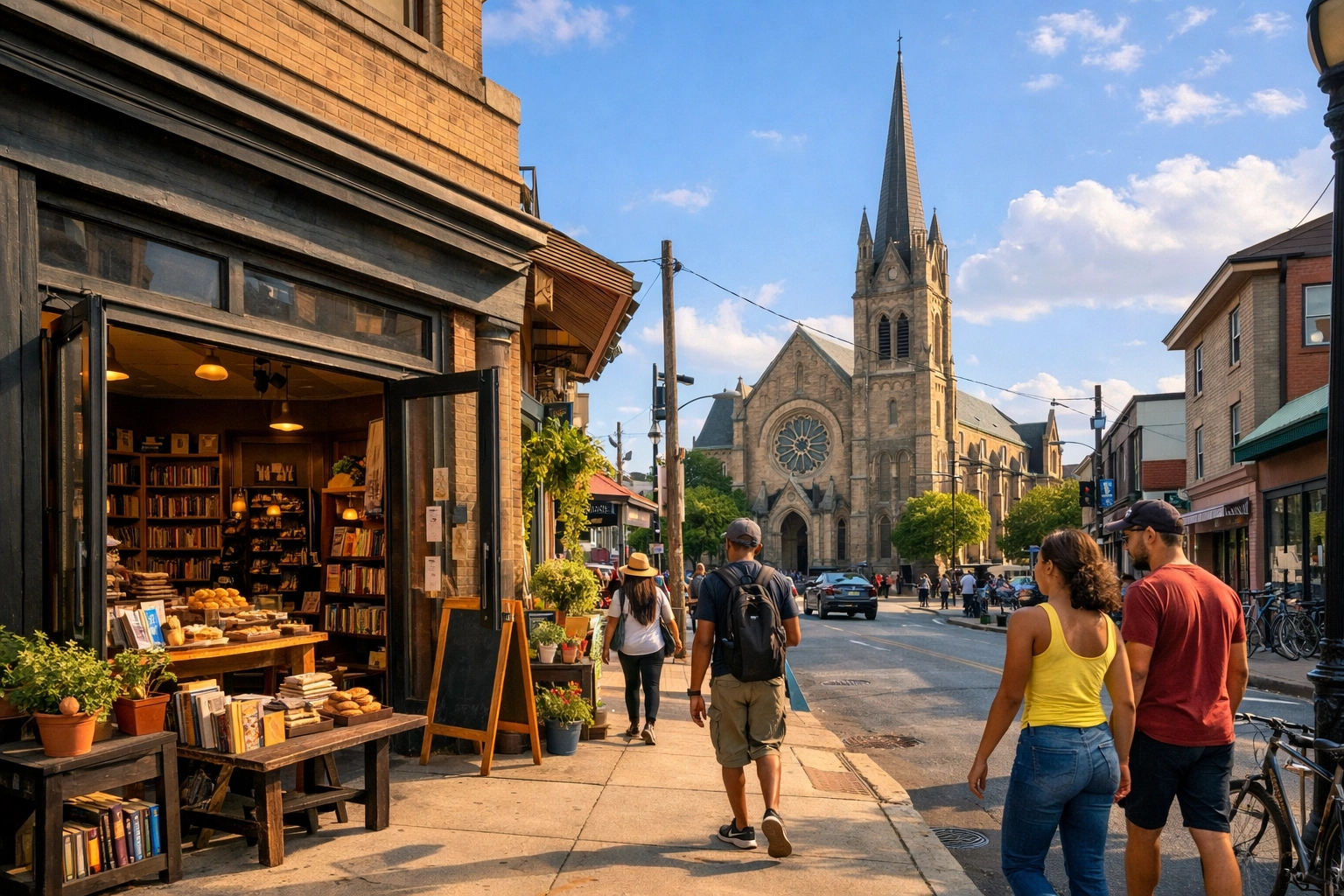 A group of diverse community members and church leaders brainstorming together in a modern meeting space, symbolizing collaborative community development.