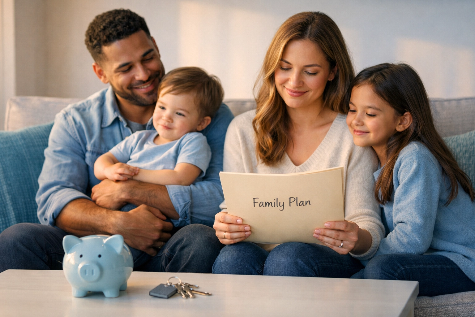 A happy California family discussing life insurance options for a secure financial future.