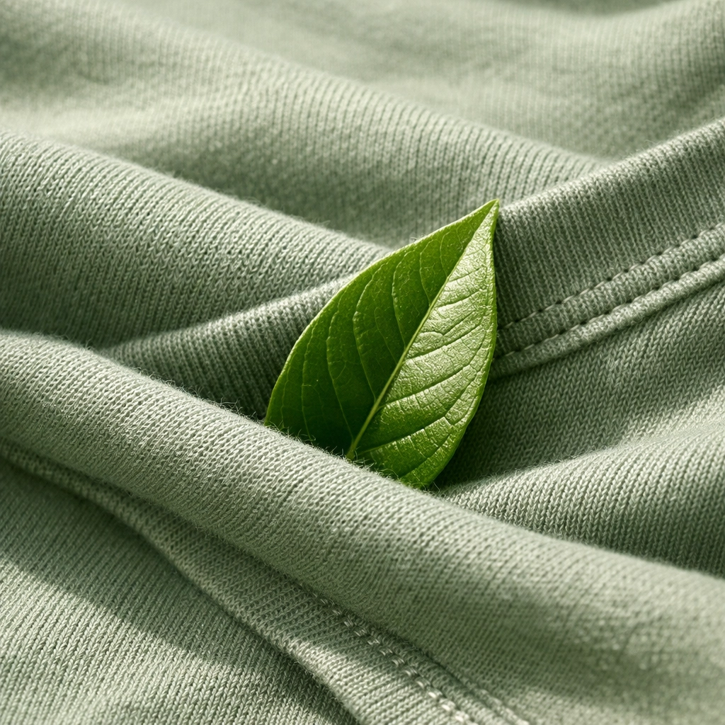 Close-up of eco-friendly ringspun cotton fabric in sage green for sustainable summer camp gear.