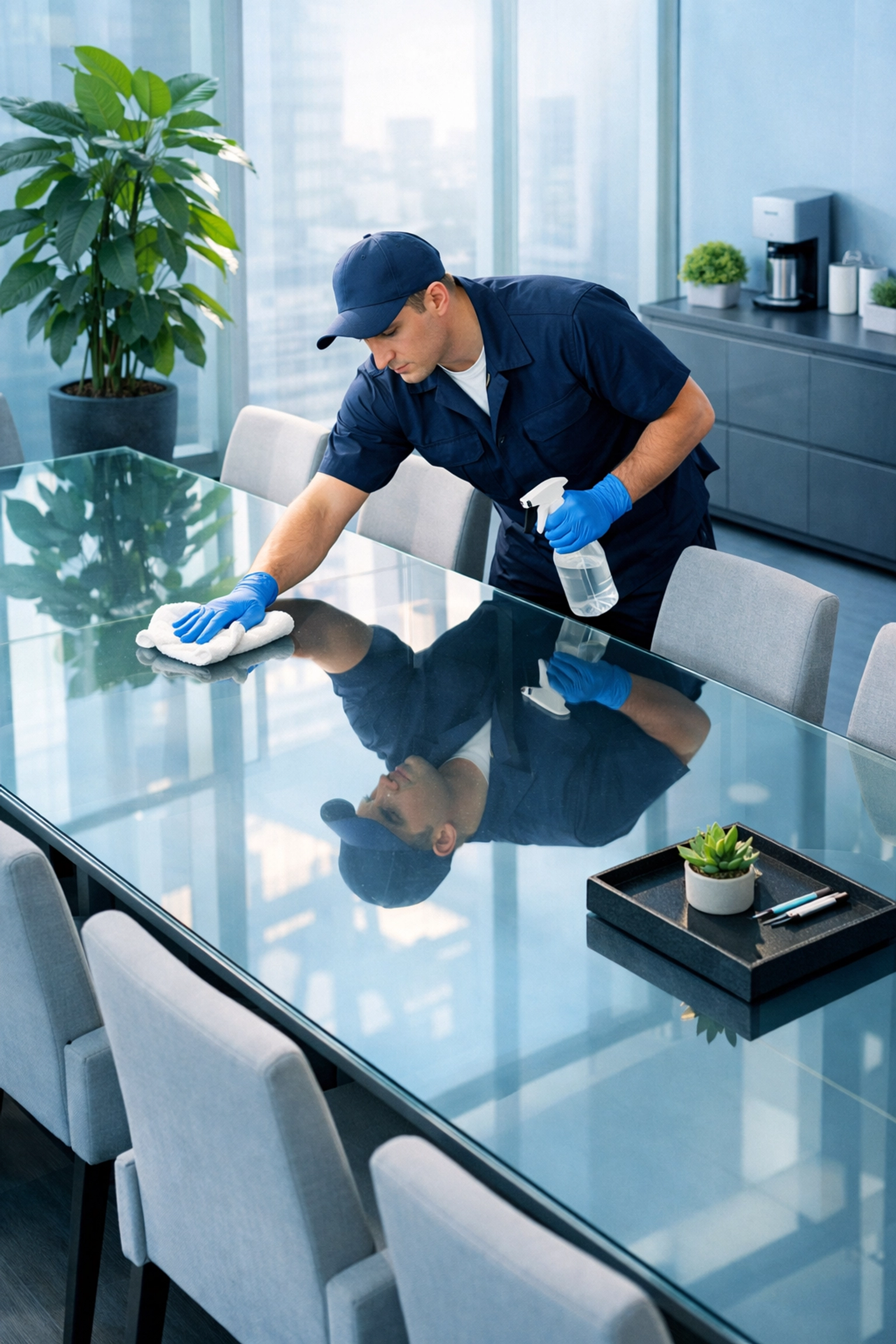 Detail-oriented office cleaning in Cedar Falls featuring a professional technician polishing a glass conference table.
