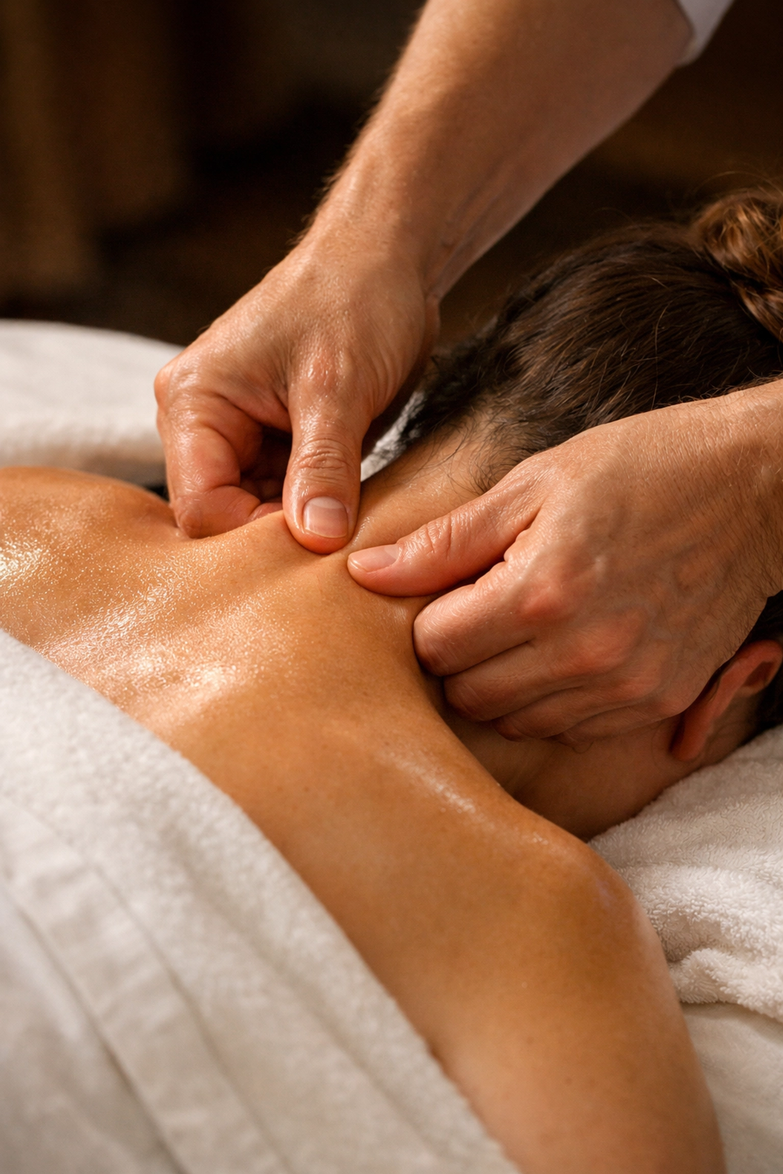Close-up of an Edmonton massage therapist performing deep tissue therapy on a client's neck.