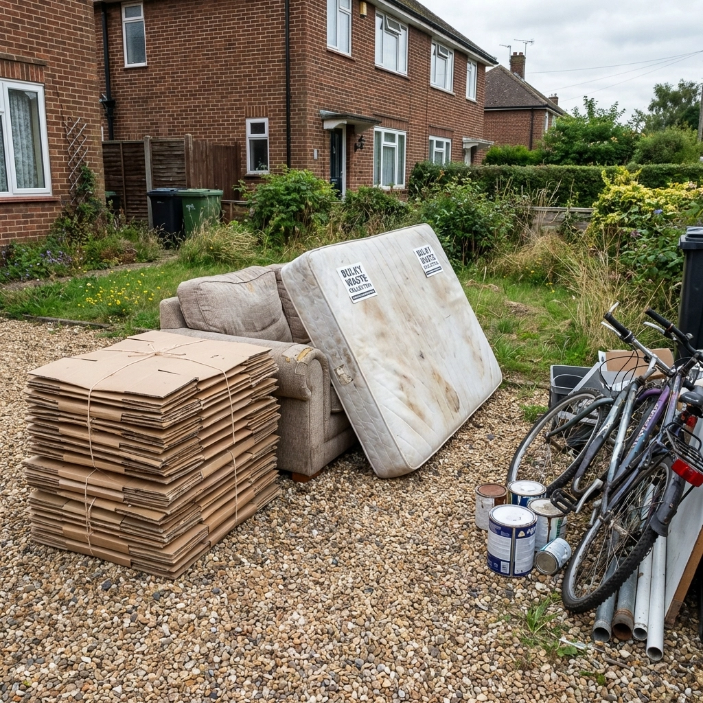 Organized piles of waste, furniture, and recyclables sorted for disposal after tenant move-out