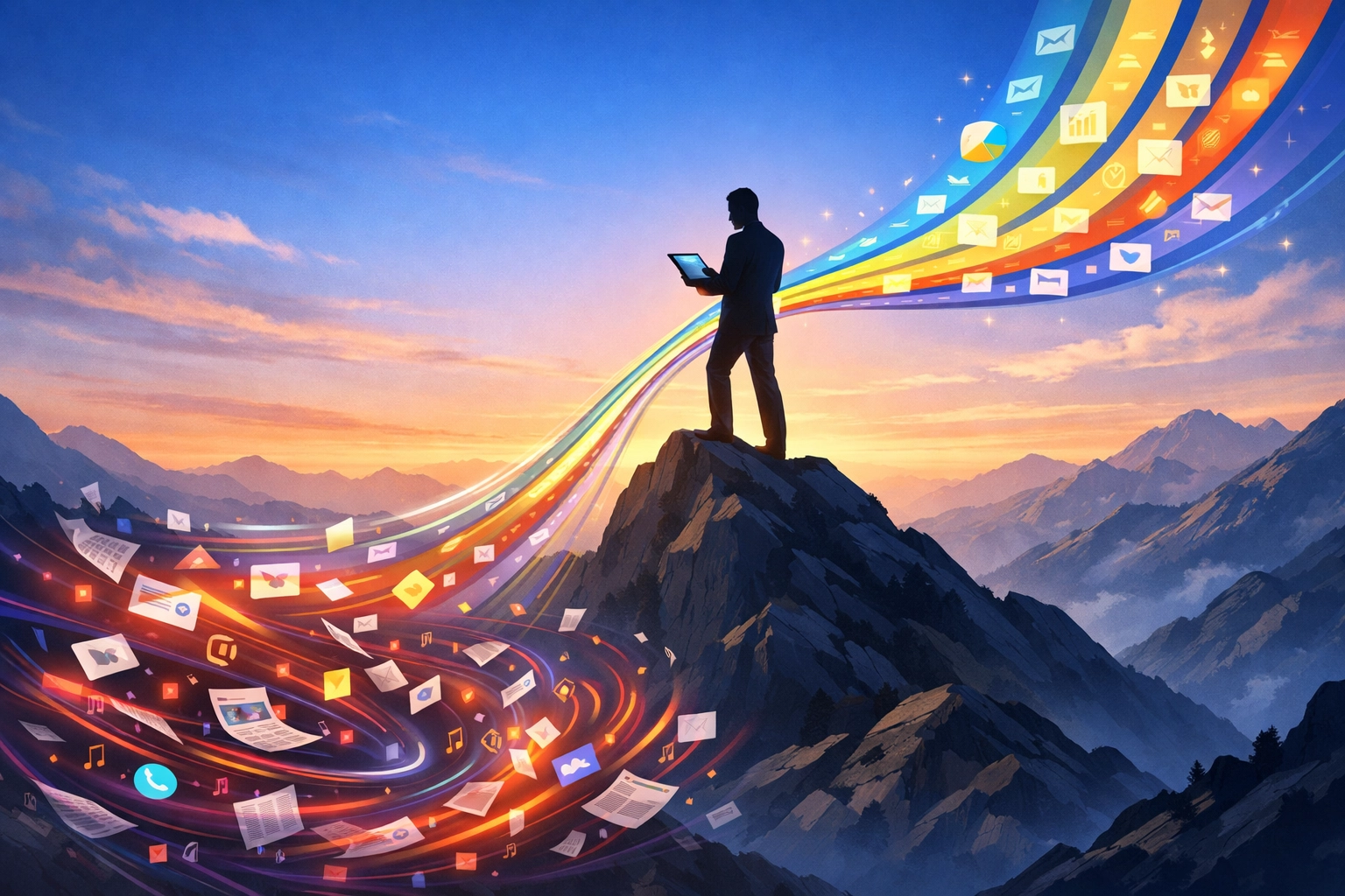 Person confidently managing curated news streams above chaotic unfiltered information sources