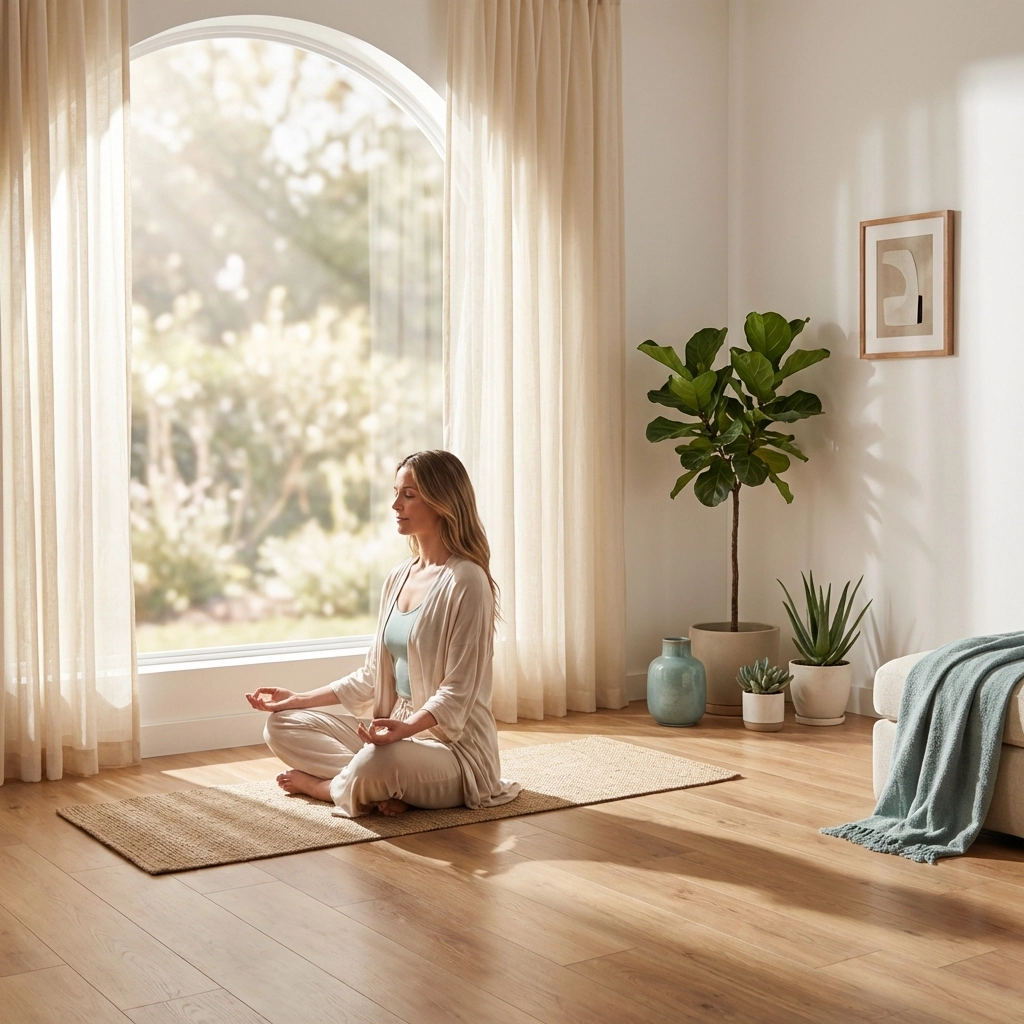 Woman meditating in a peaceful wellness space, symbolizing mind-body-spirit connection in holistic recovery.