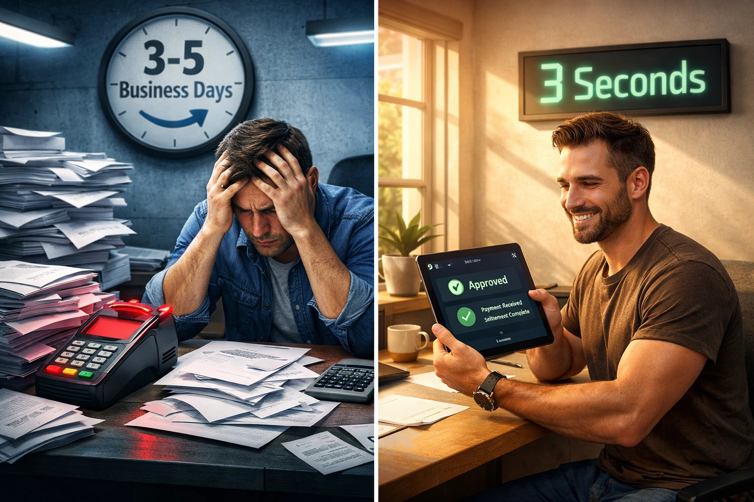 Traditional merchant processing vs Web3 payments comparison showing settlement time difference