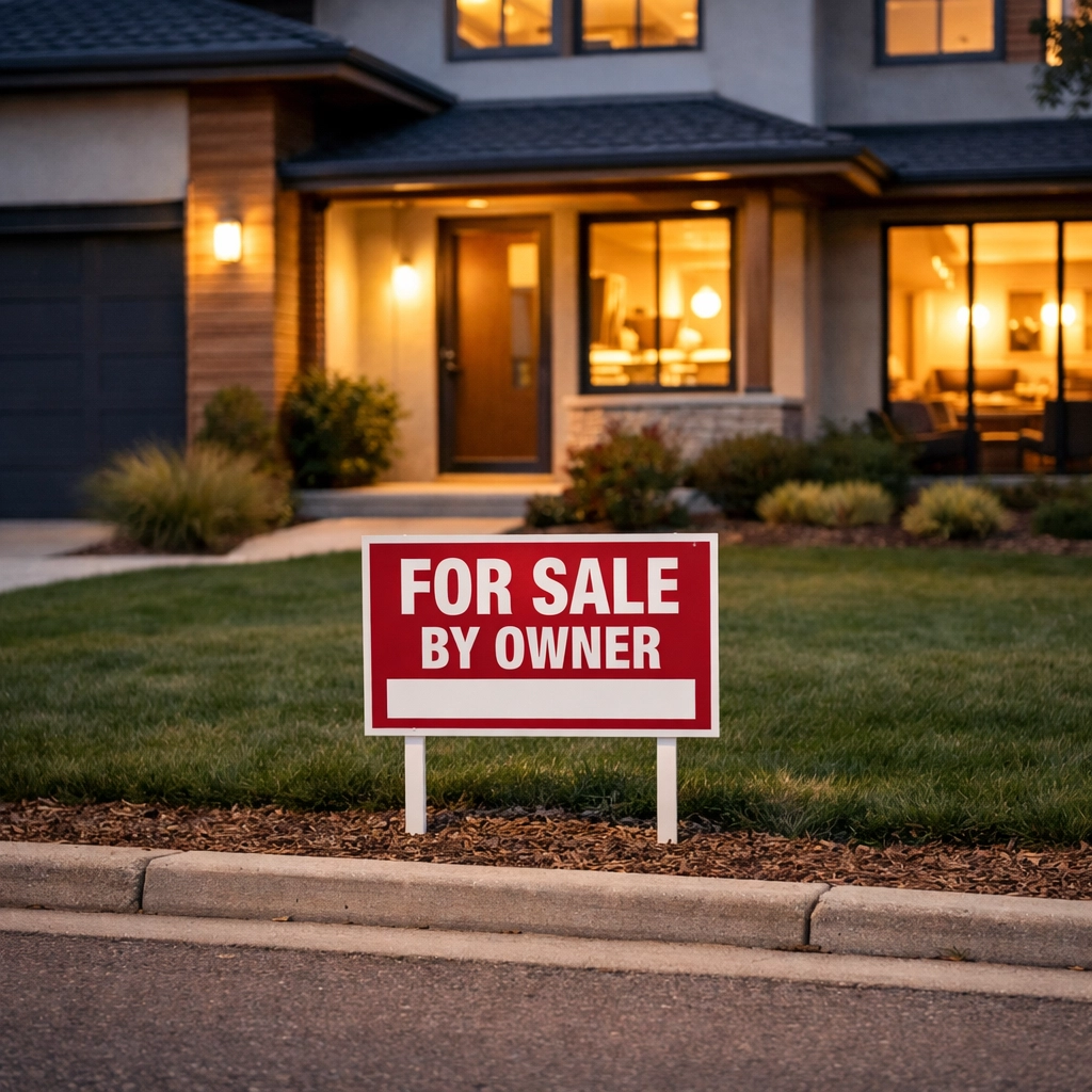 For sale by owner home with yard sign at dusk showing limited FSBO marketing reach