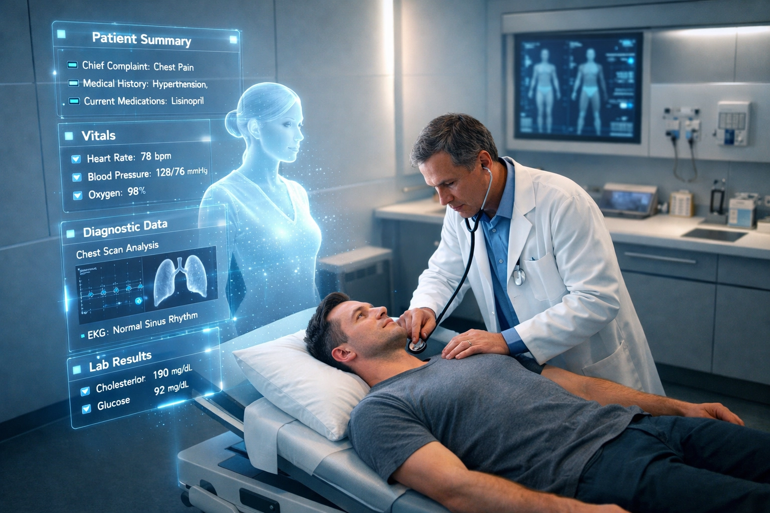 Doctor providing patient care with AI assistant handling clinical documentation and medical notes