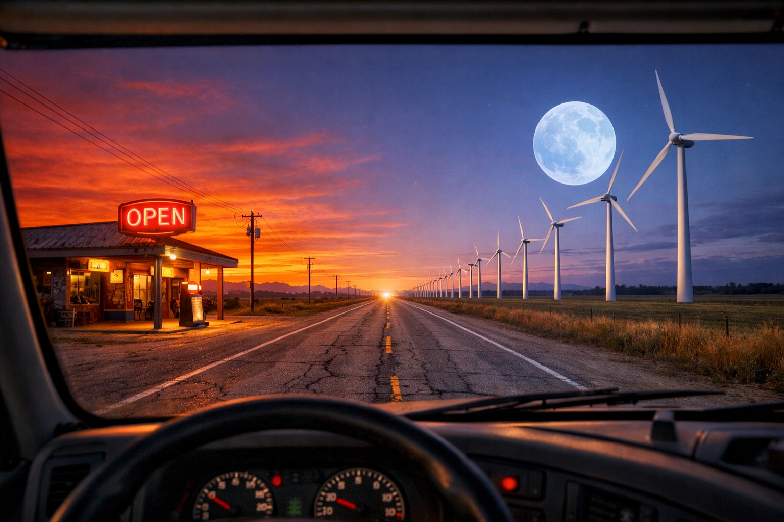 A vintage gas station and modern wind turbines showing the transition between fossil fuels and green energy.