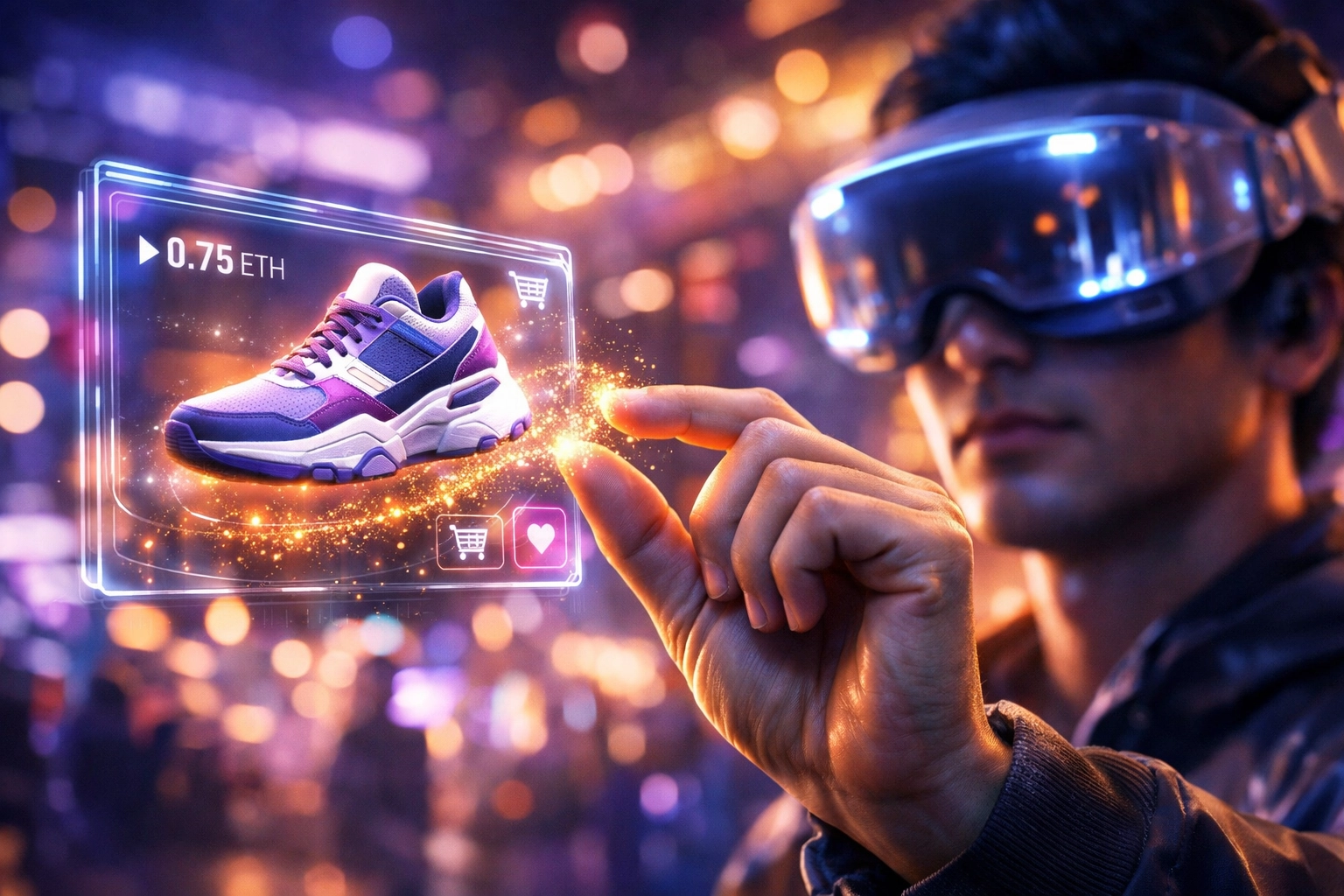 User shopping in the metaverse using gesture-based AI payments for instant B2B2C transactions on Larecoin.ai.