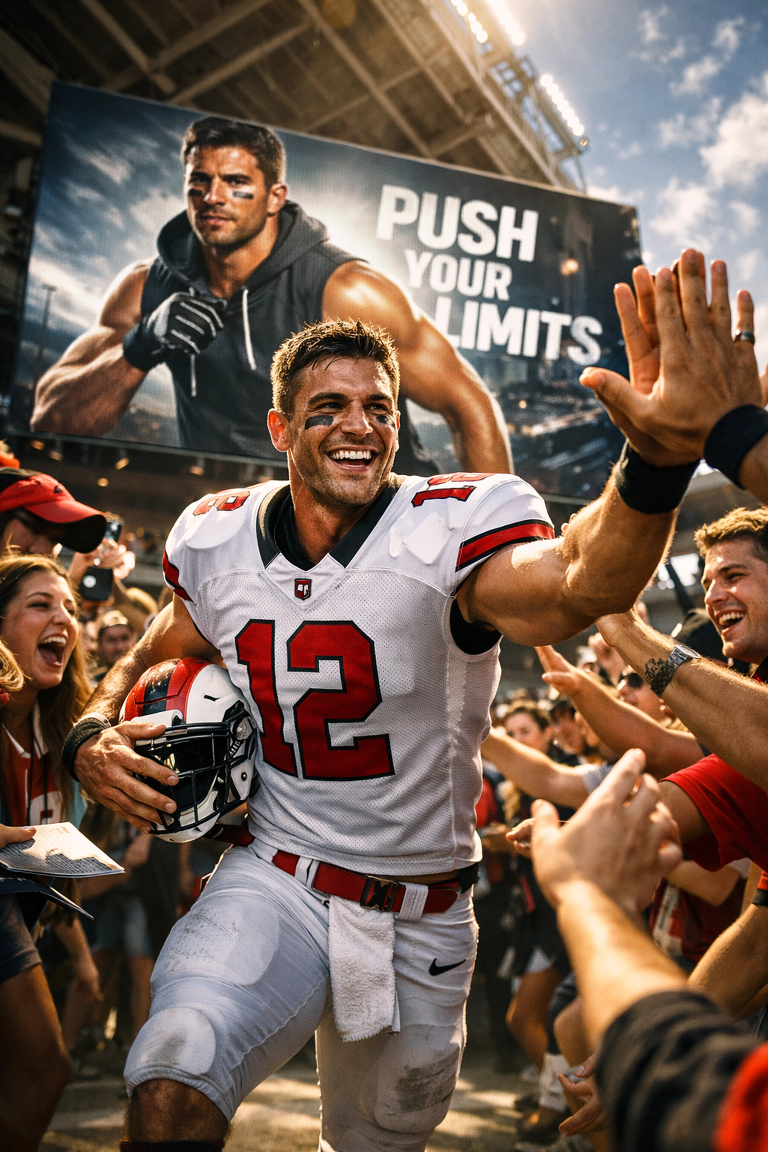 College athlete engaging with fans at a stadium while a digital brand campaign plays in the background.
