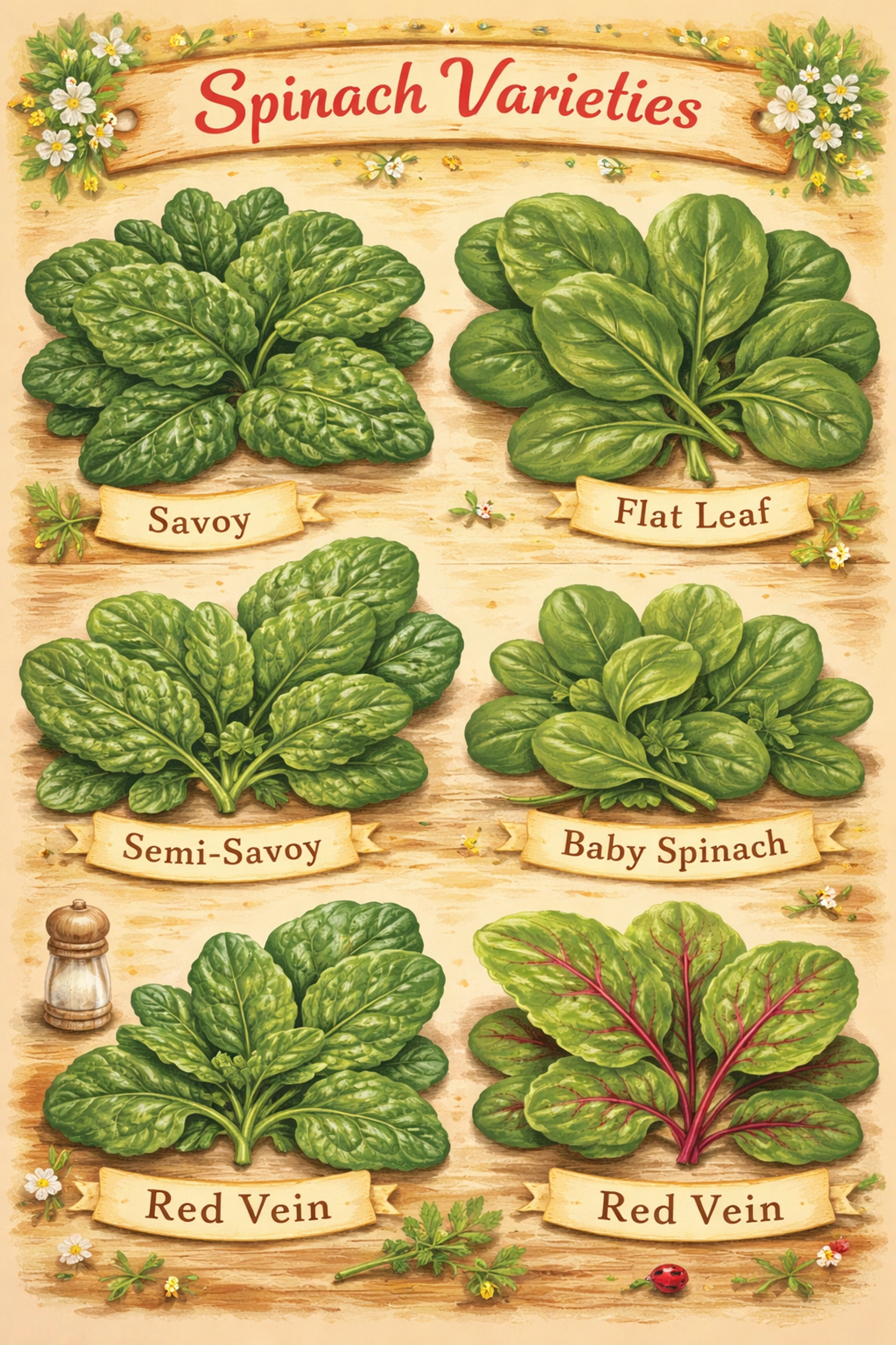 Five spinach varieties displayed on a rustic surface highlighting differences in leaf shape and texture for aeroponics